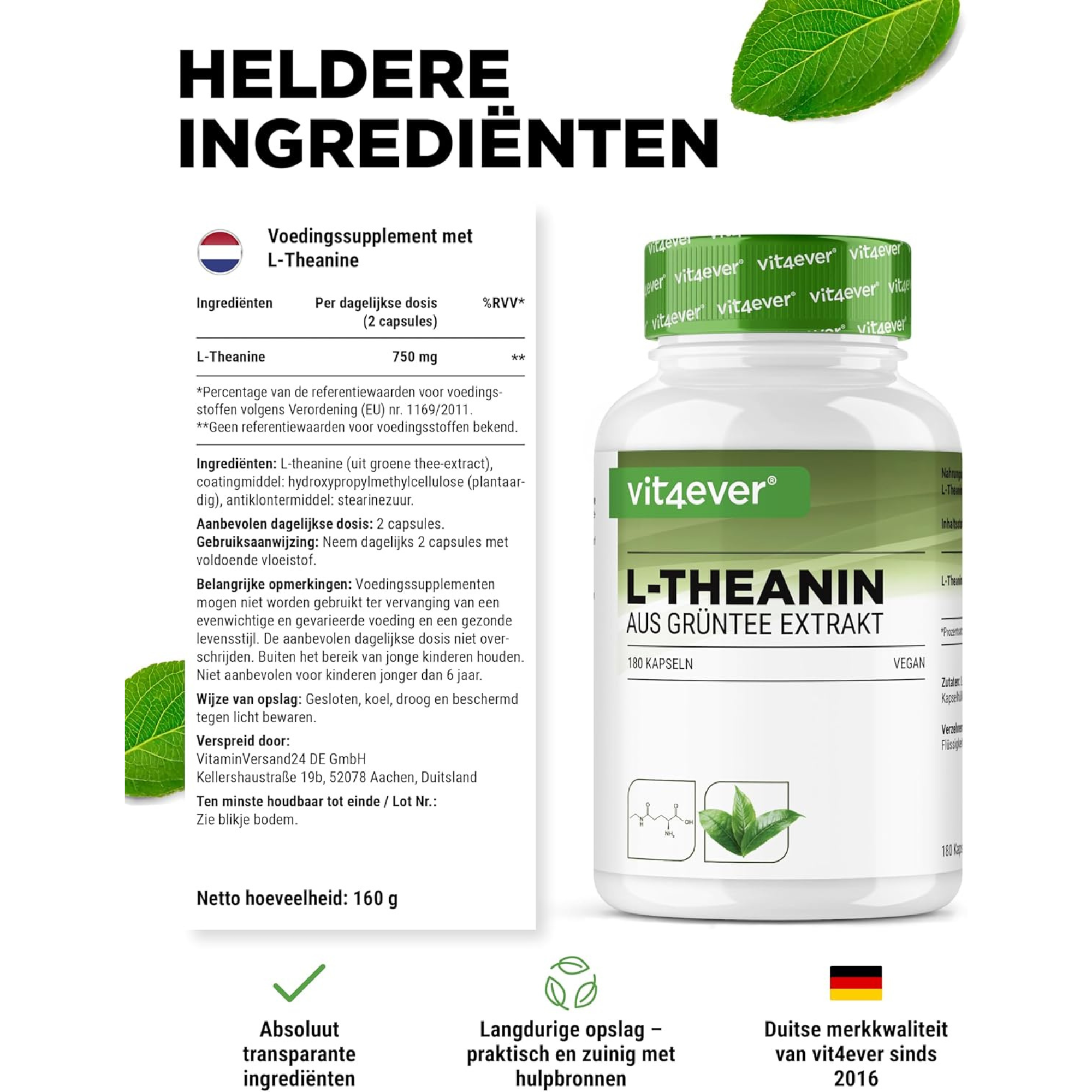 L-Theanine 750 mg | Groene thee extract | 180 capsules | Vit4ever