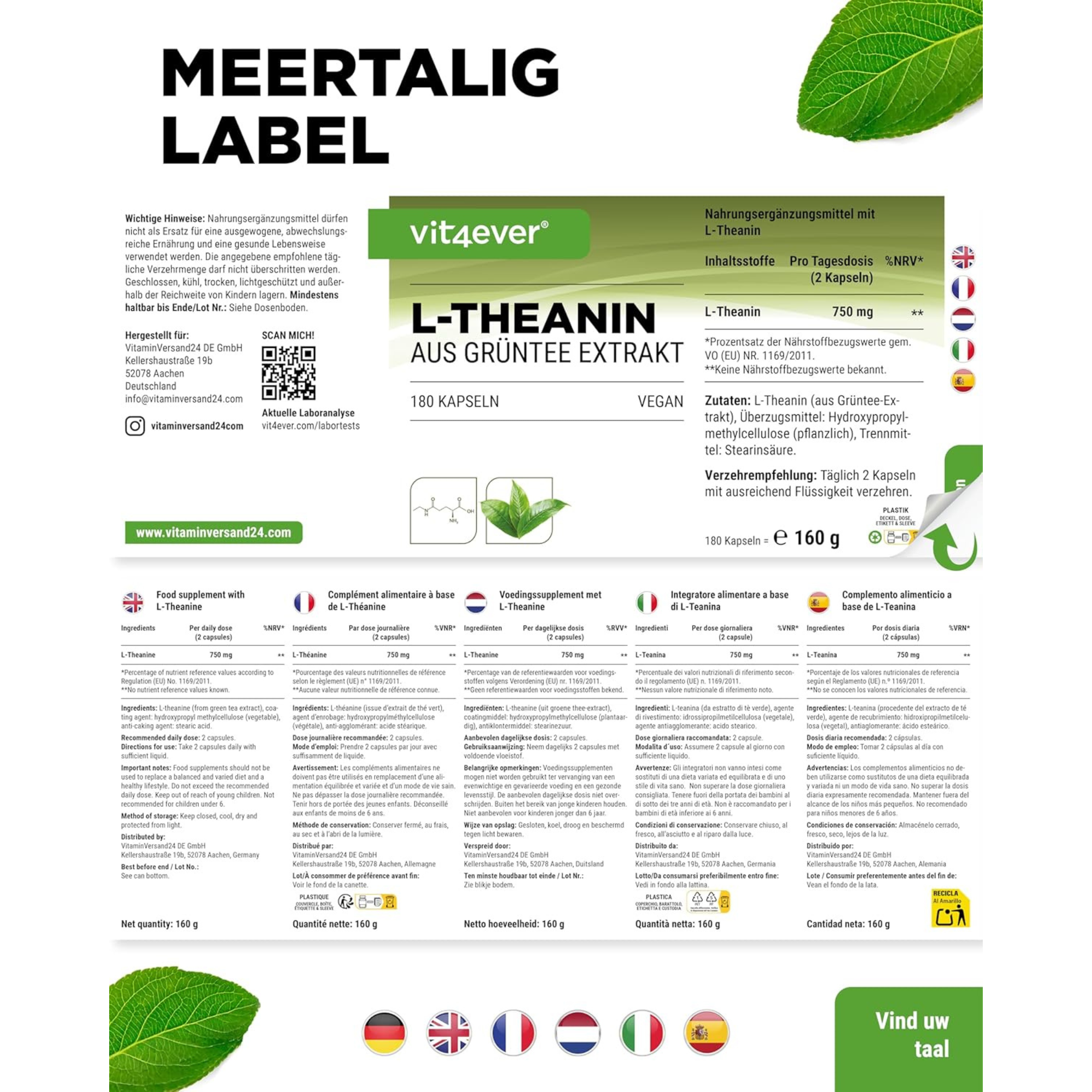 L-Theanine 750 mg | Groene thee extract | 180 capsules | Vit4ever