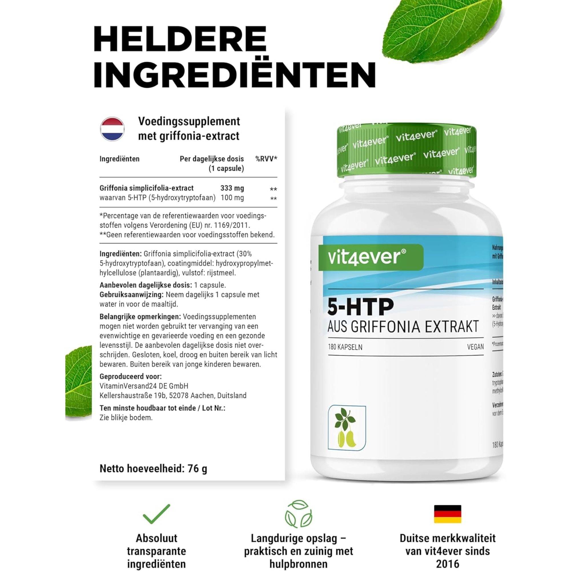 5-HTP 100mg Griffonia-extract | 180 Capsules | Vit4ever