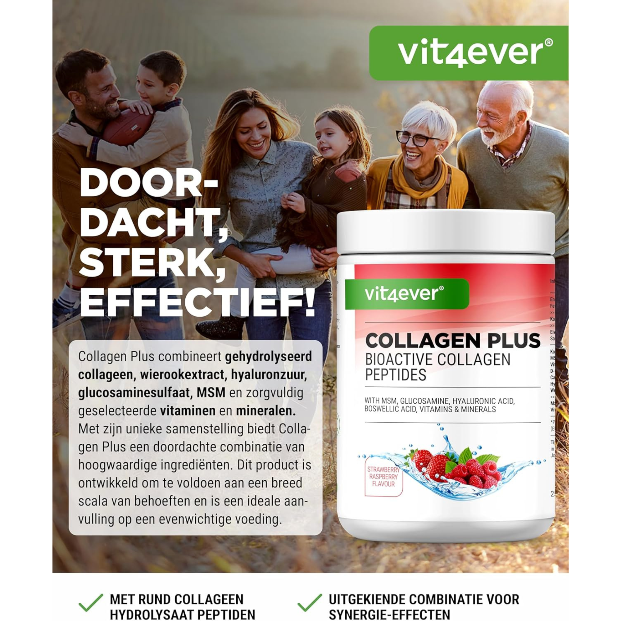 Vit4ever Collageen Plus Aardbei-Framboos - voedingssupplement zonder onnodige toevoegingen