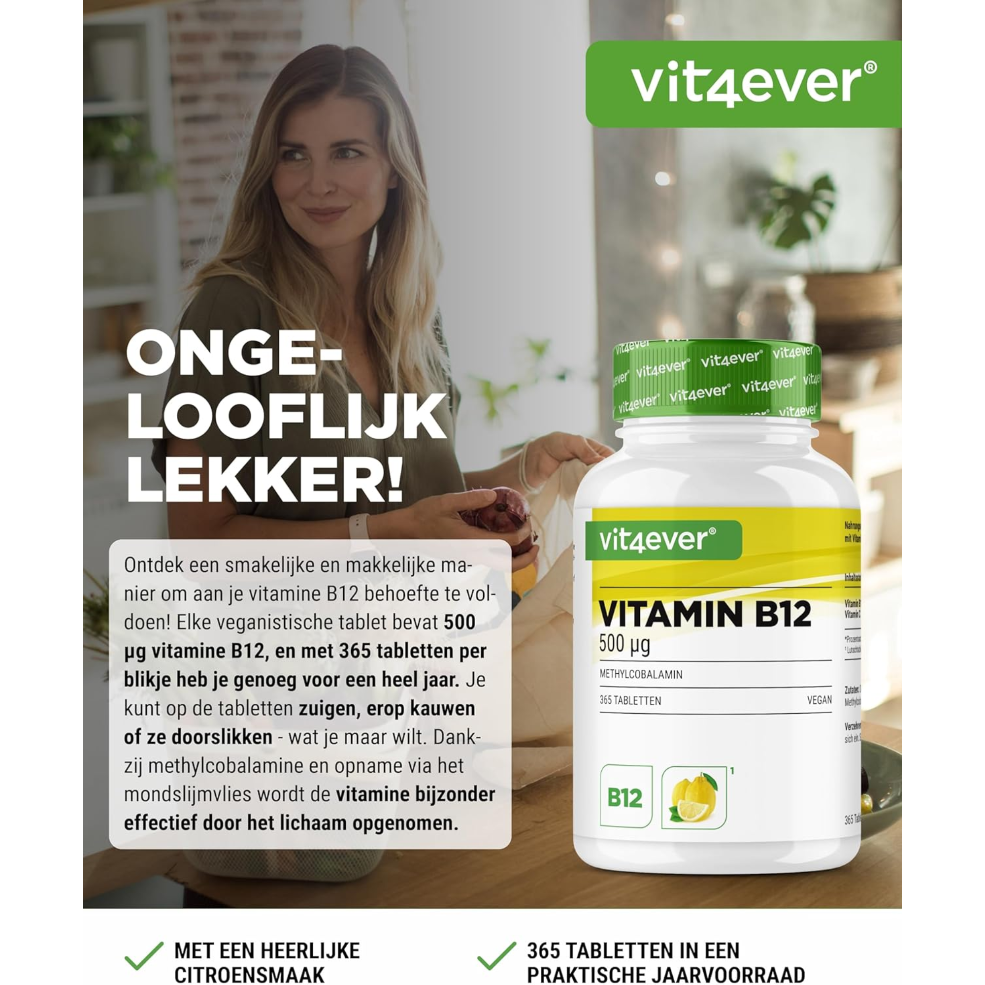 Vit4ever Vitamine B12 500µg Citroen (Methylcobalamine) - voedingssupplement zonder onnodige toevoegingen