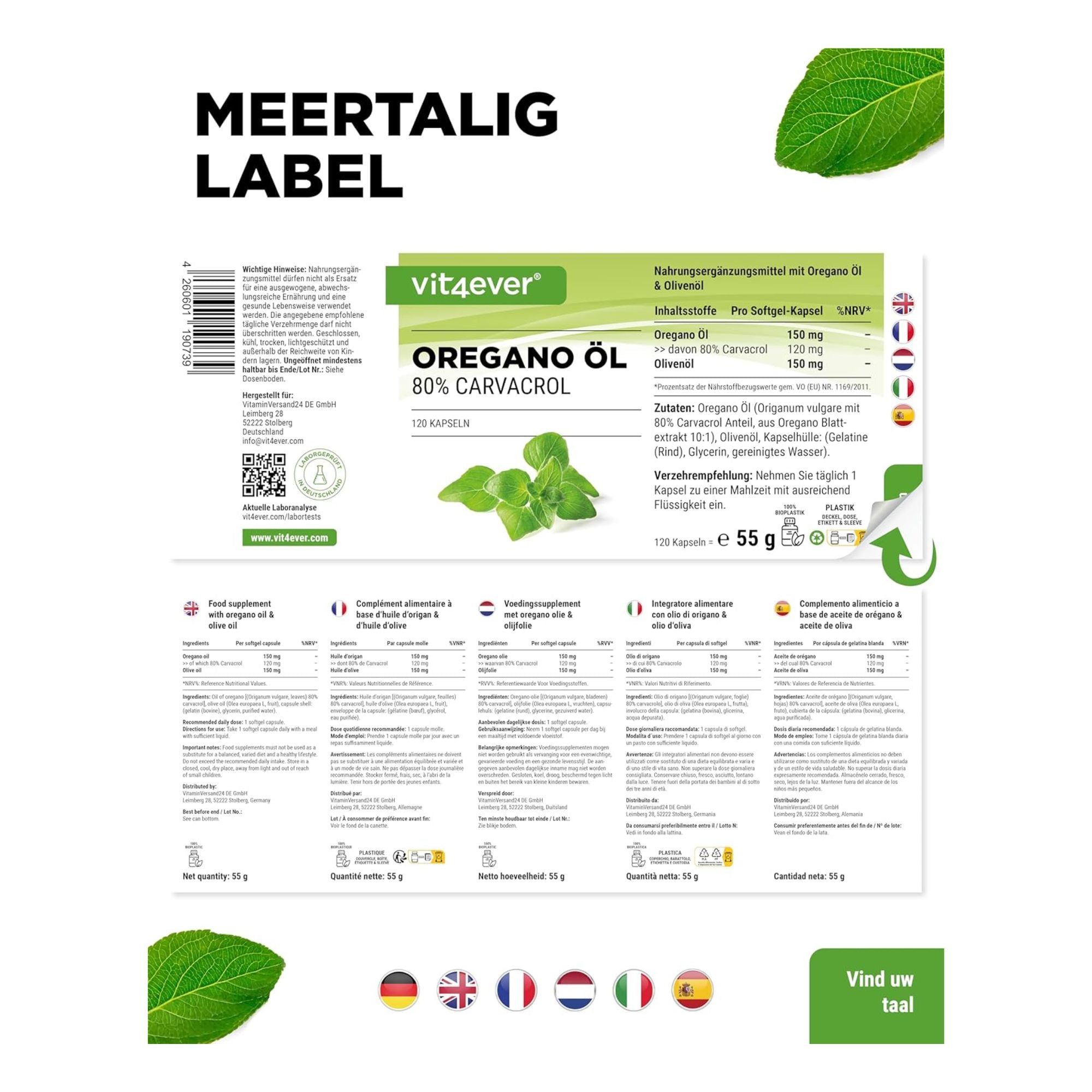 Oregano olie 150 mg 80% Carvacrol | 120 capsules | Vit4ever