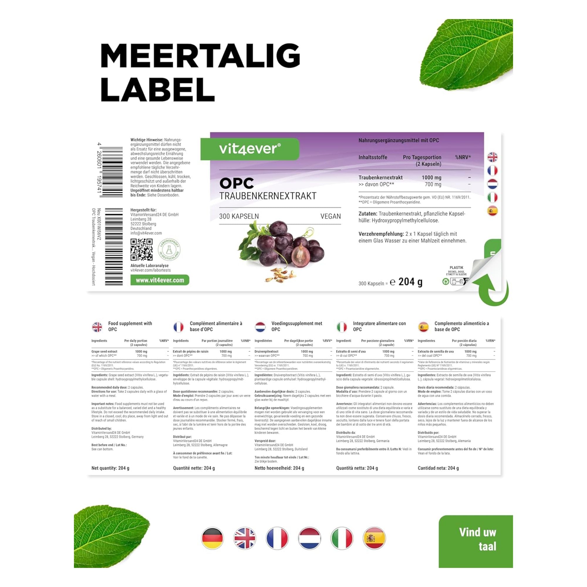 OPC Druivenpit extract 1000mg | 300 capsules | Vit4ever