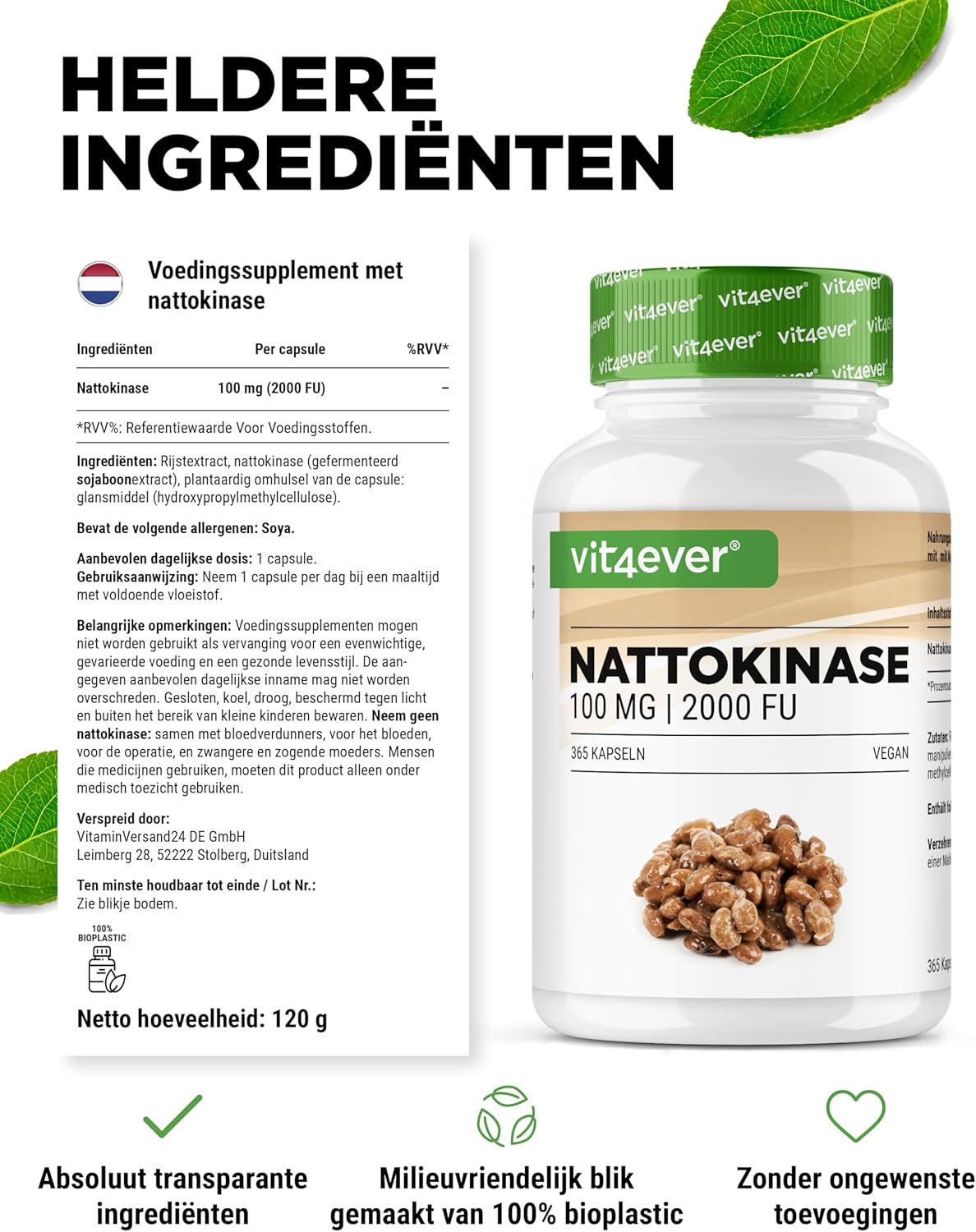 Nattokinase 100mg (2000 FU) | 365 Capsules | Vit4ever