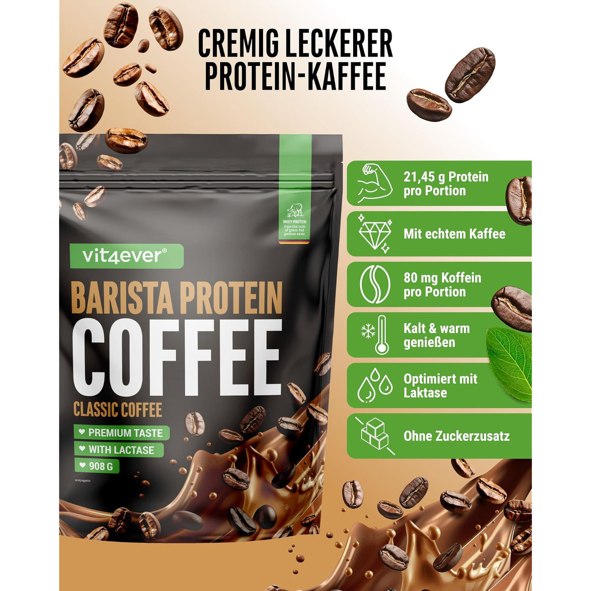 Vit4ever Barista Whey Classic 908 g - romige eiwitkoffie met wei-concentraat en echte koffie