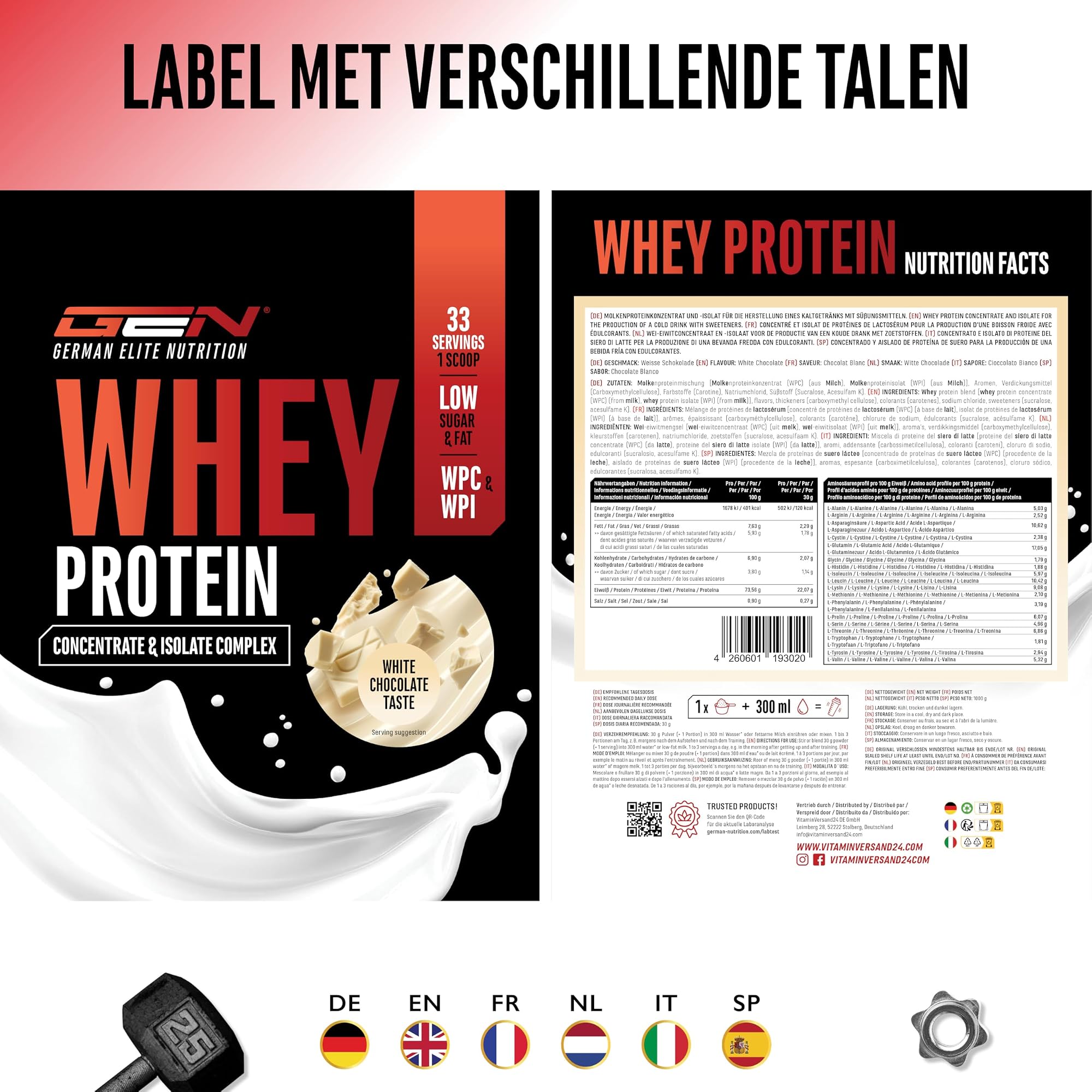 GEN Whey Protein Complex Witte chocolade 1 kg - etiket met voedingswaarden in verschillende talen