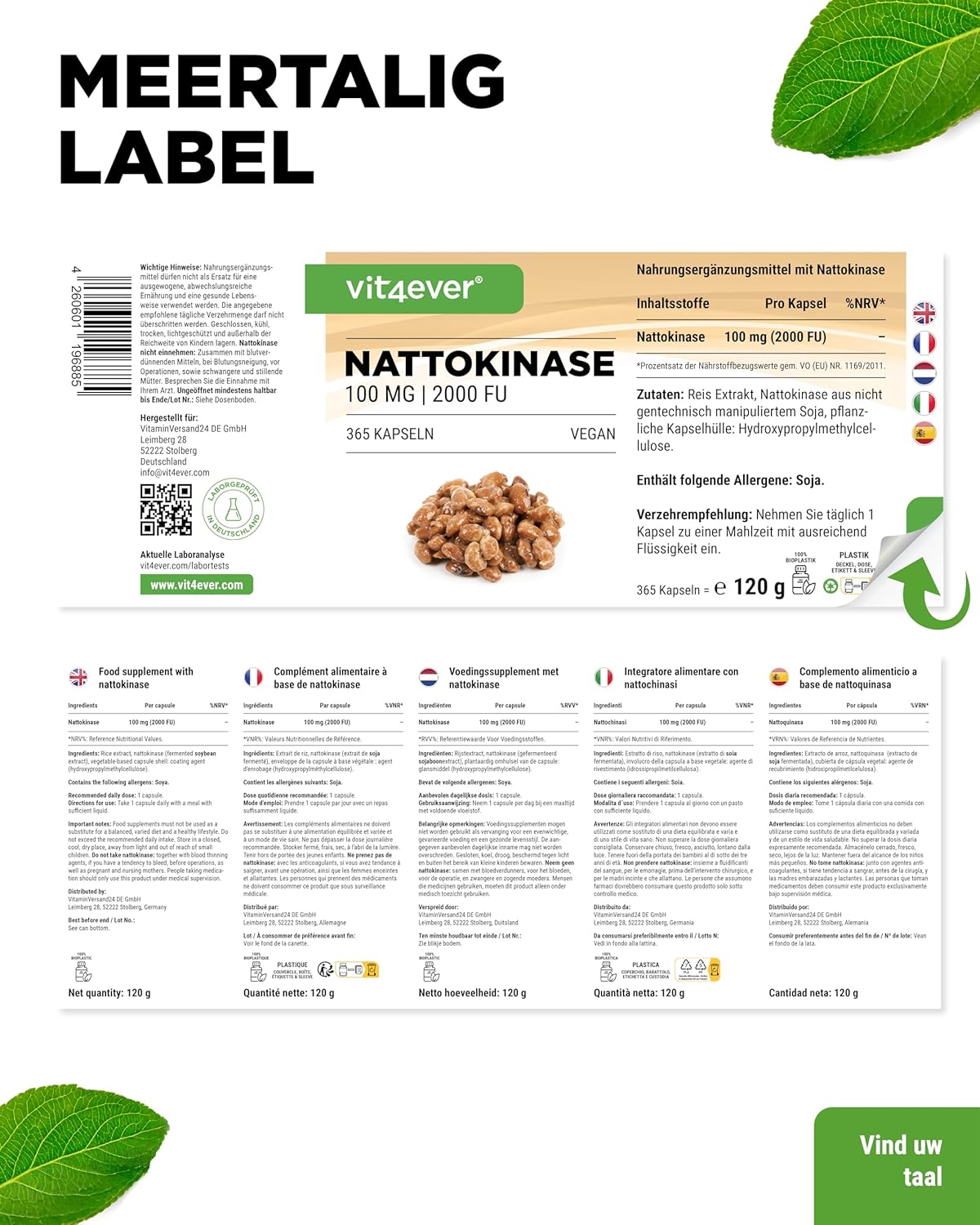 Nattokinase 100mg (2000 FU) | 365 Capsules | Vit4ever