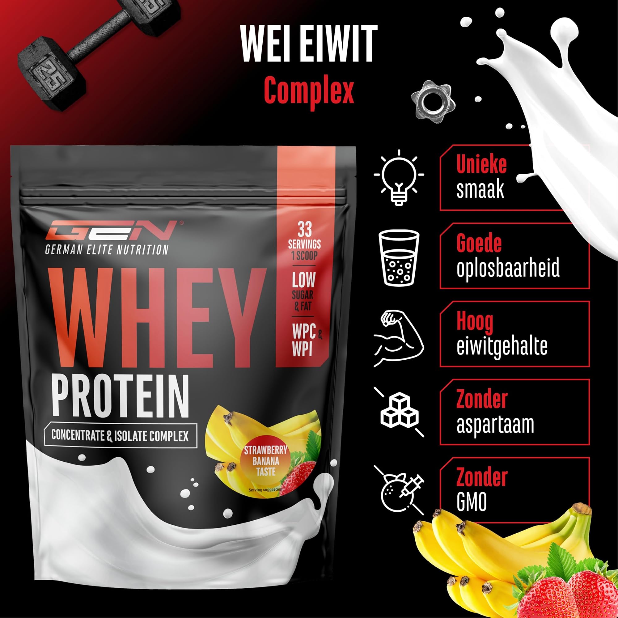 GEN Whey Protein Complex Aardbei-banaan 1 kg - WPC en WPI mix, hoge oplosbaarheid, zonder aspartaam