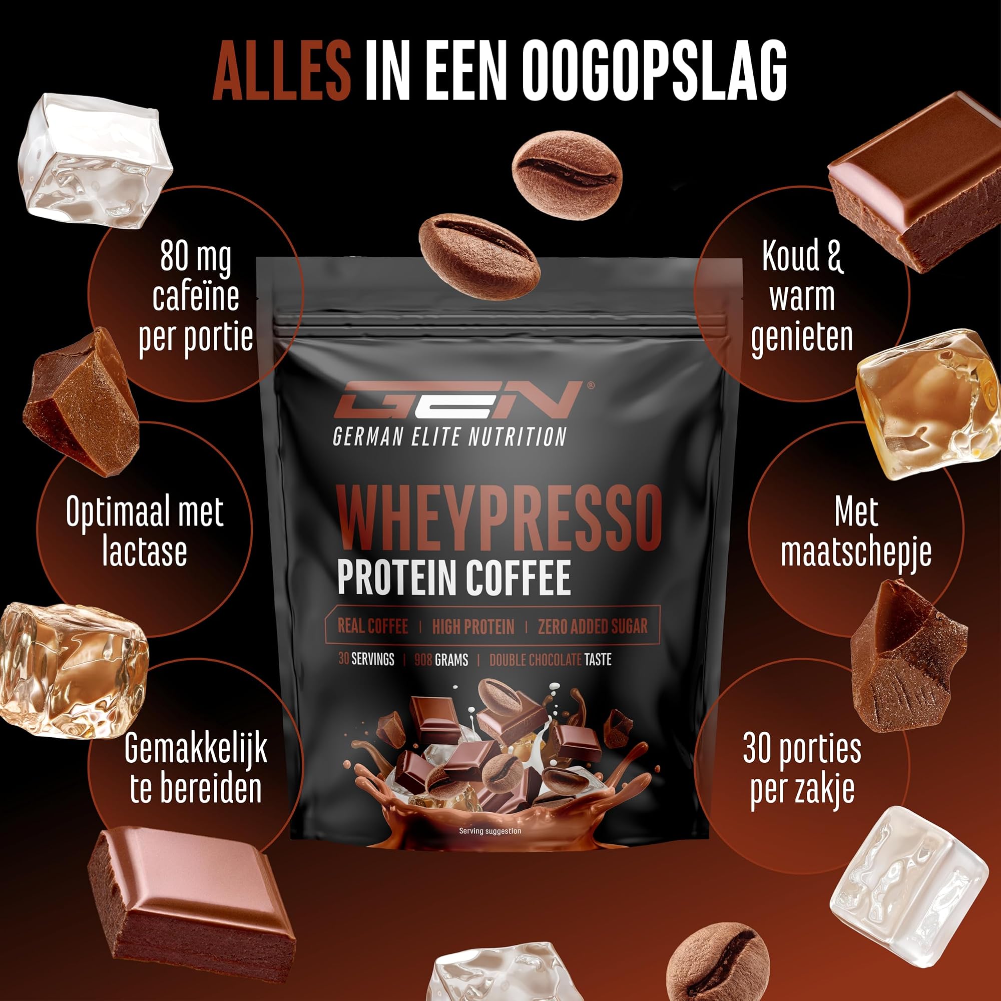 German Elite Nutrition Wheypresso Protein Coffee Dubbele chocolade 908 g - productverpakking van sportsupplement