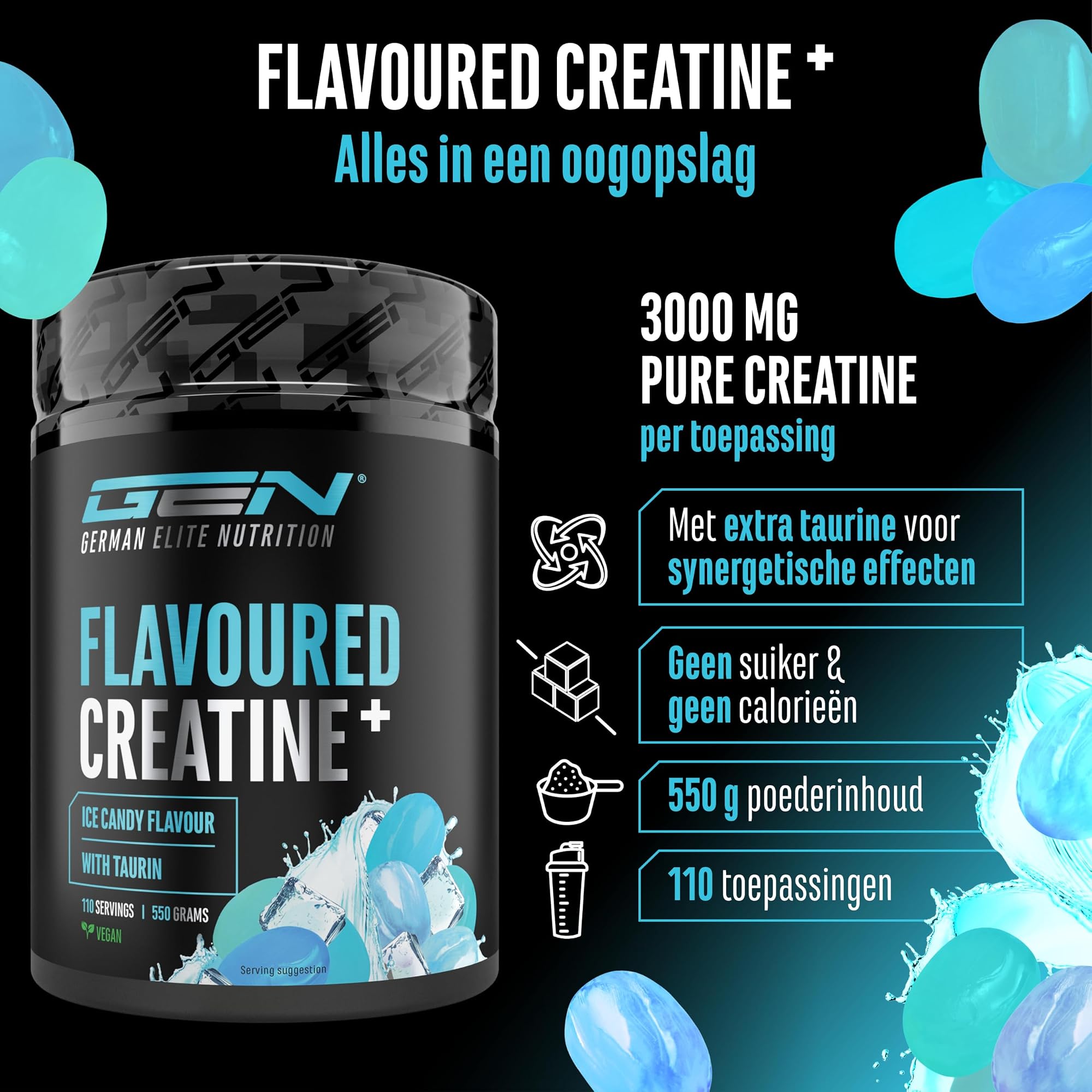 German Elite Nutrition Flavoured Creatine+ Ice Candy 550 g - sportsupplement zonder onnodige toevoegingen