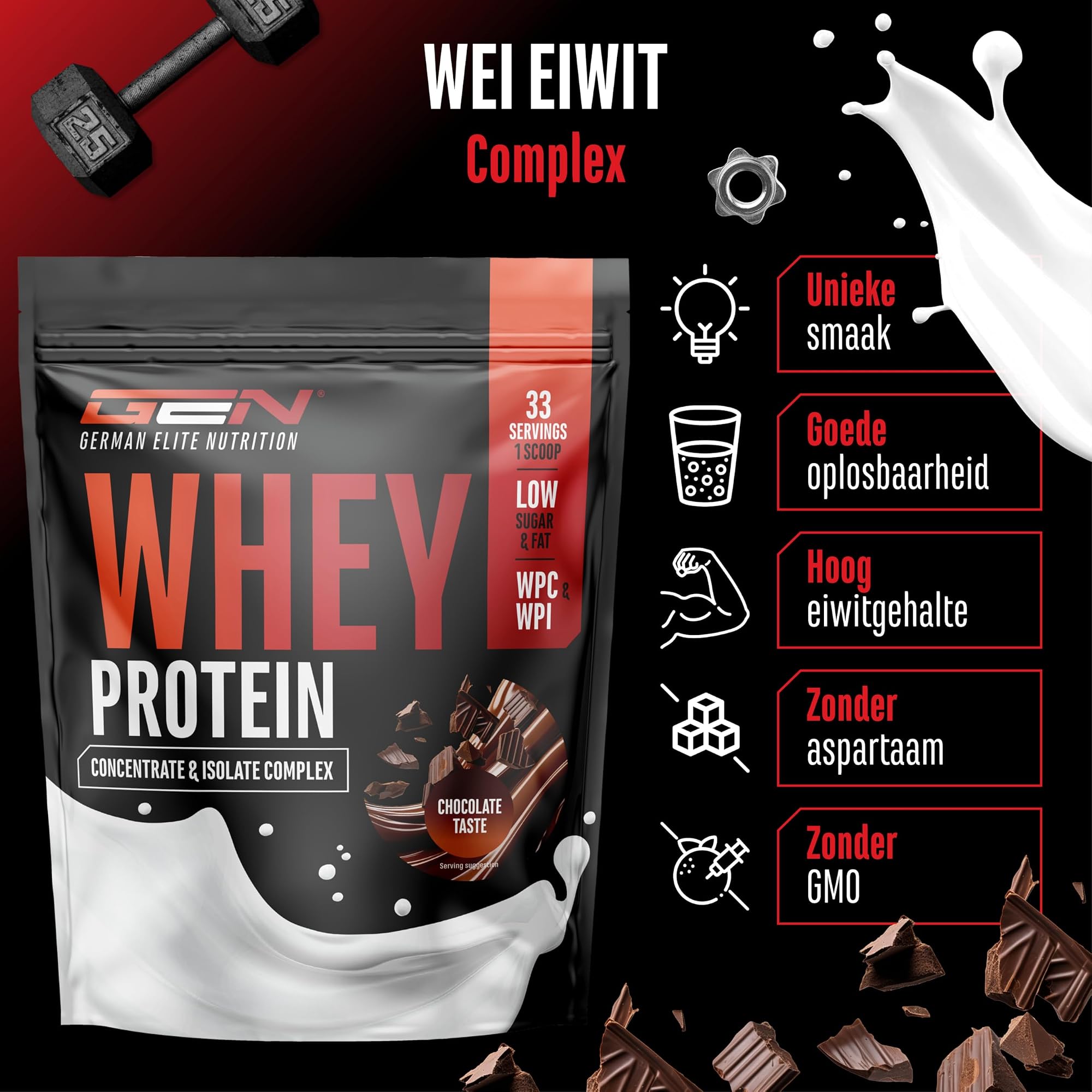 GEN Whey Protein Complex Chocolade 1 kg - WPC en WPI mix, hoge oplosbaarheid, zonder aspartaam