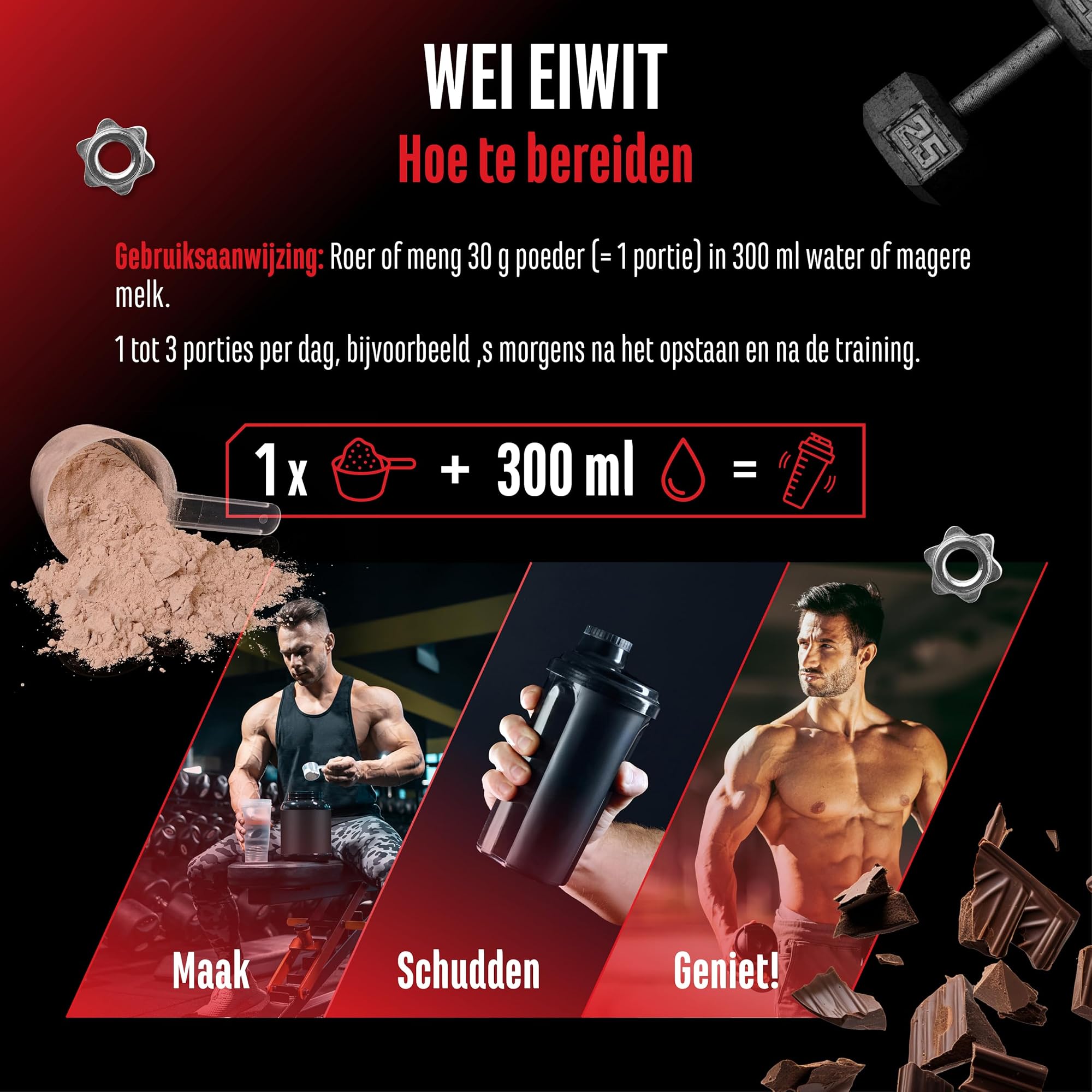 GEN Whey Protein Complex Chocolade 1 kg - bereiden: 30 g poeder met 300 ml water of magere melk