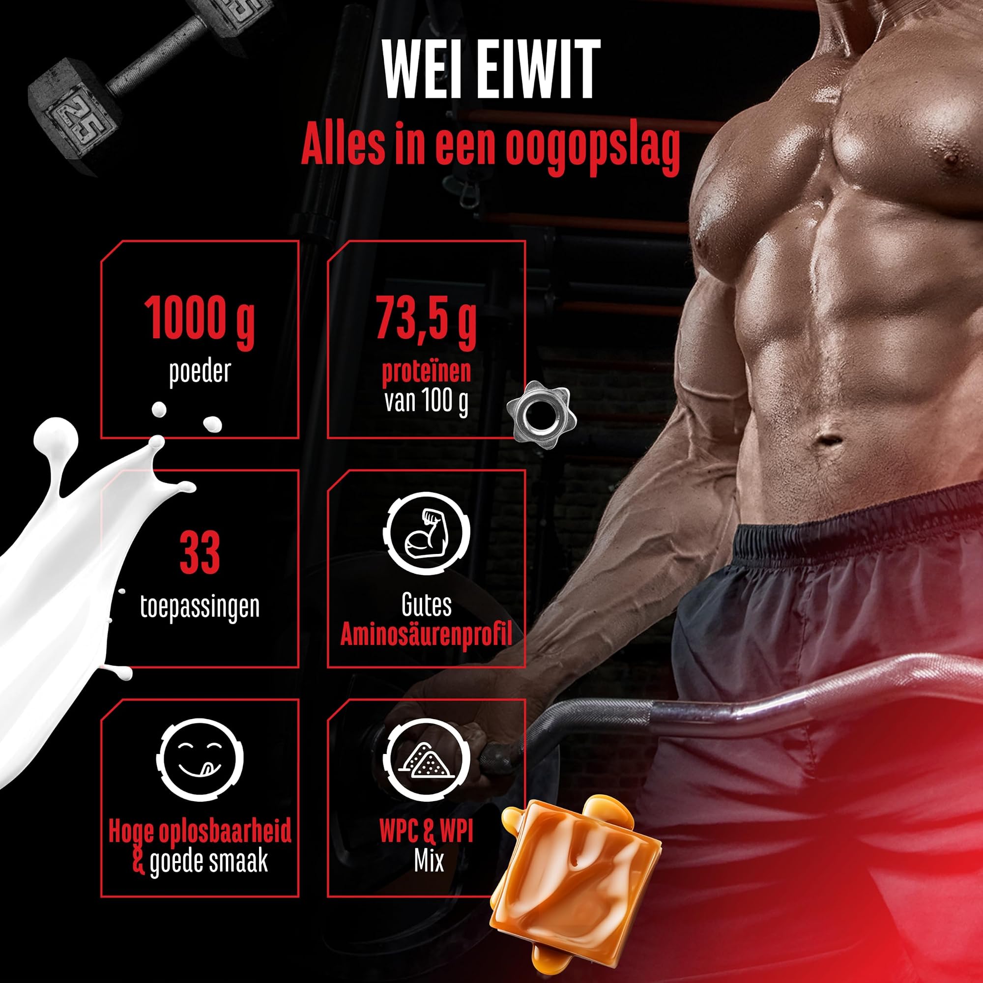 GEN Whey Protein Complex Gezouten karamel 1 kg - alles in een oogopslag: 1000 g, 73,5 g eiwit per 100 g, 33 porties