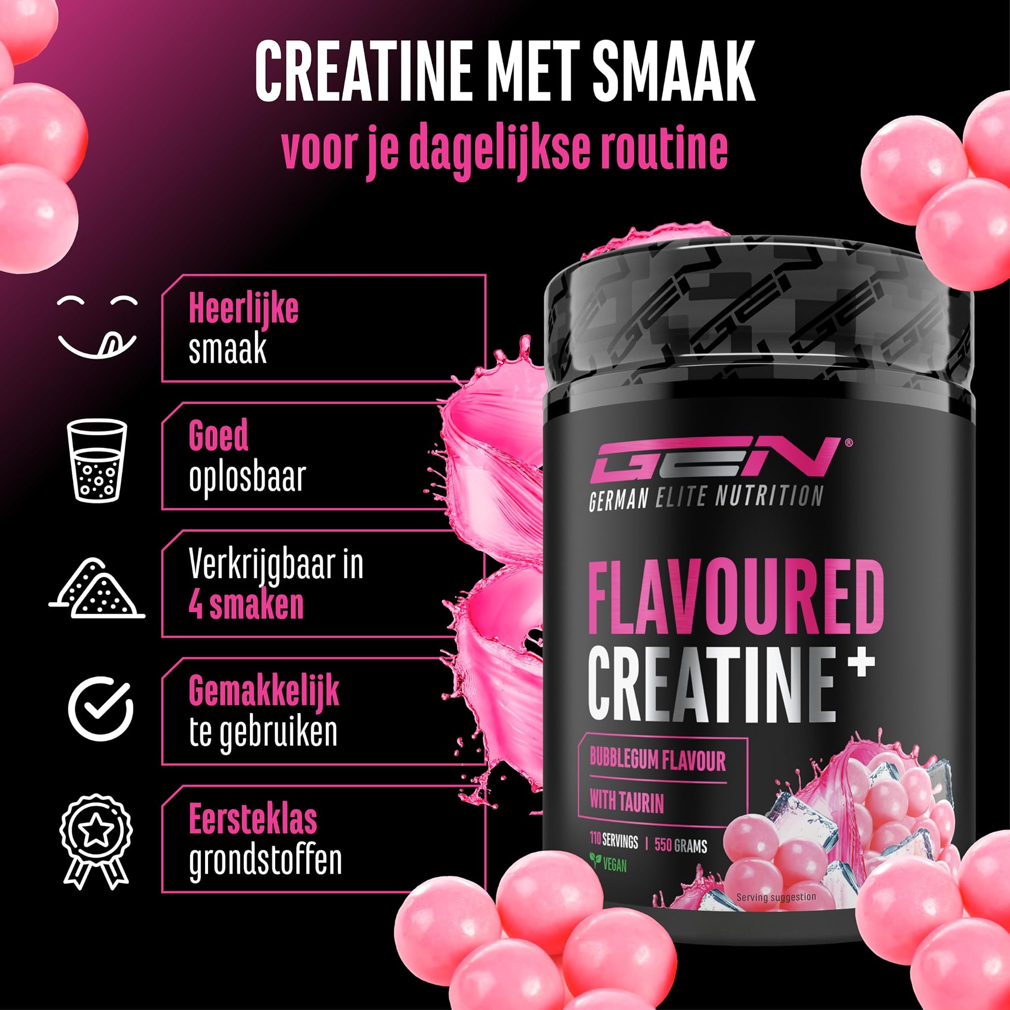 German Elite Nutrition Flavoured Creatine+ Bubblegum 550 g - productverpakking van sportsupplement