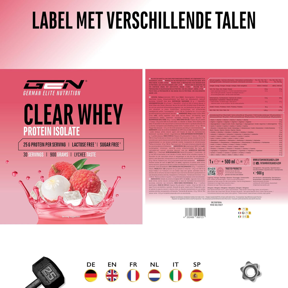 GEN Clear Whey Protein Isolate Lychee 900 g - voor- en achterzijde van de verpakking met etiket in zes talen
