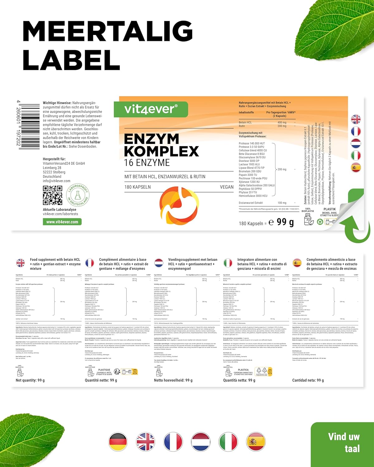 Spijsverteringsenzymen met betaine HCL, rutin & gentiaan | 180 capsules | Vit4ever