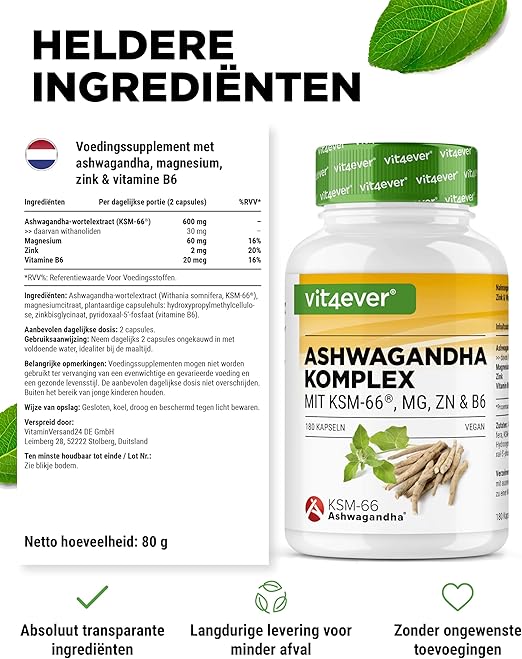Ashwagandha KSM-66 Complex (mit Magnesium, Zink und B6) | 180 Kapseln | Vit4ever