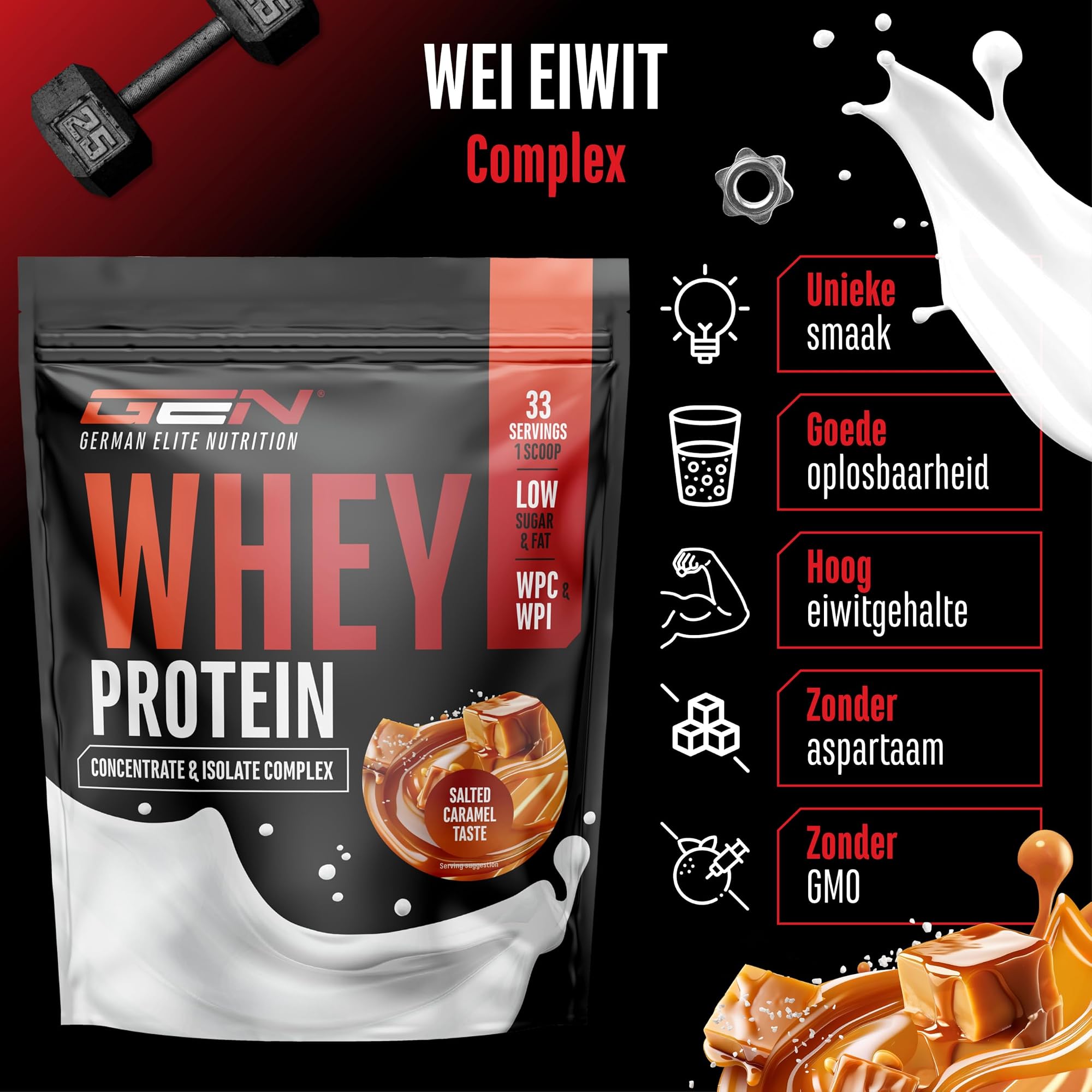 GEN Whey Protein Complex Gezouten karamel 1 kg - WPC en WPI mix, hoge oplosbaarheid, zonder aspartaam