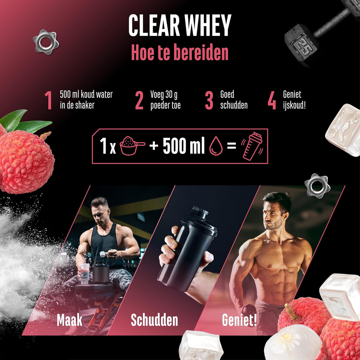GEN Clear Whey Protein Isolate Lychee 900 g - bereiden: 30 g poeder in 500 ml koud water