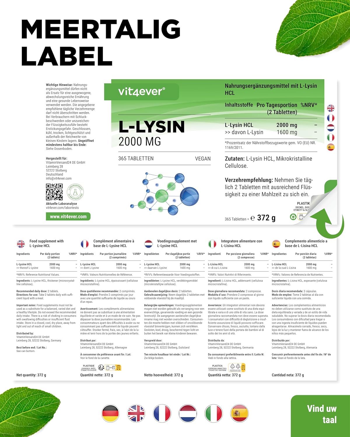 L-Lysine 1000mg Tabletten | 365 Tabletten | Vit4ever