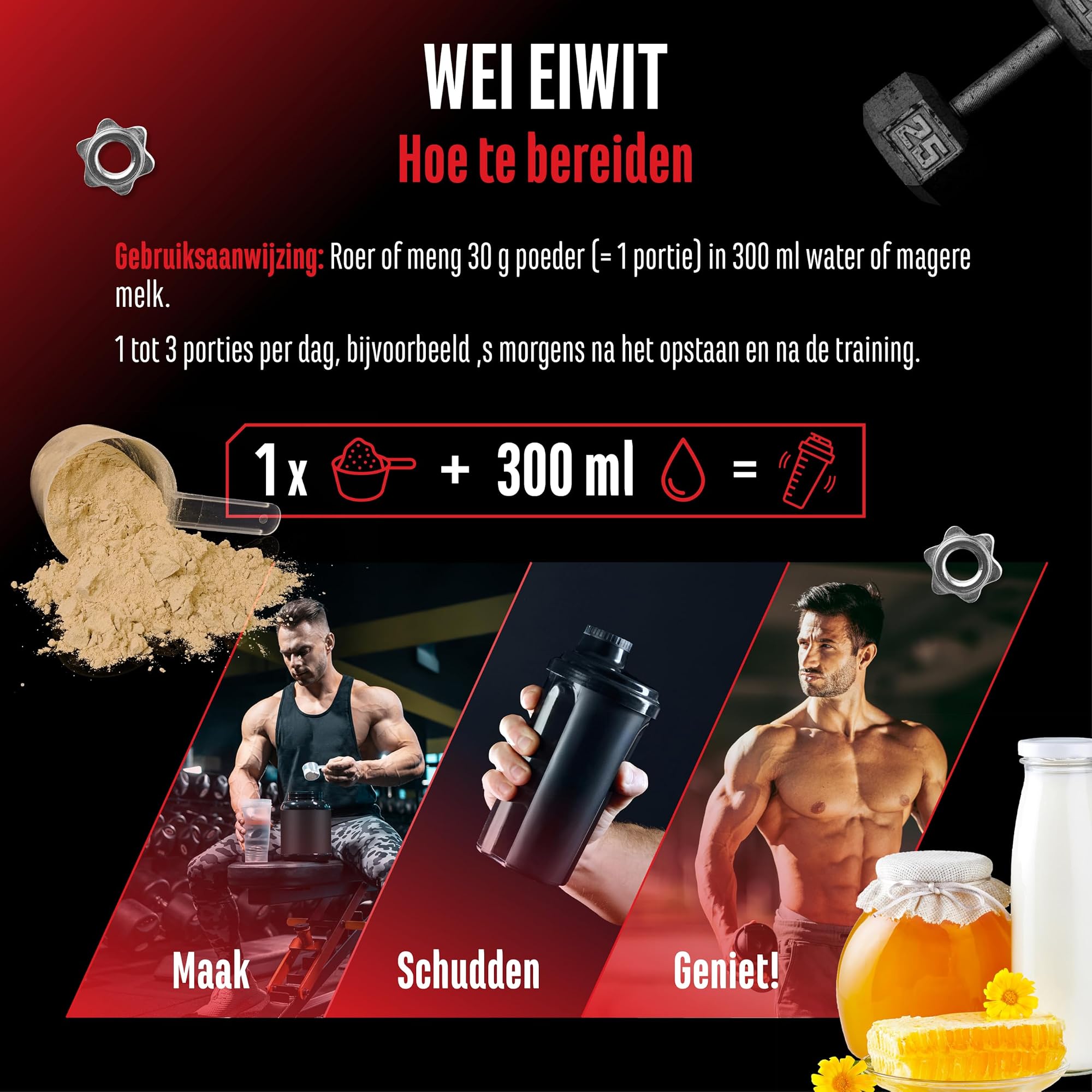 GEN Whey Protein Complex Melk met honing 1 kg - bereiden: 30 g poeder met 300 ml water of magere melk