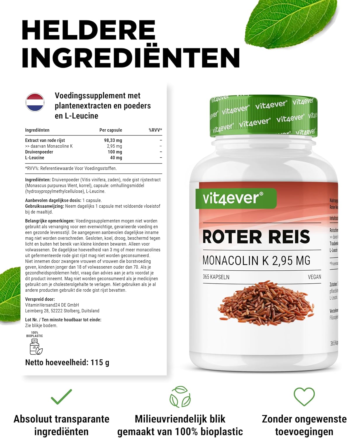 Rode rijstextract | 2,95 mg Monacolin K | 365 capsules | Vit4ever