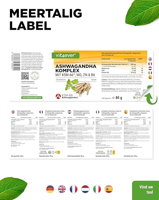 Ashwagandha KSM-66 Complex (mit Magnesium, Zink und B6) | 180 Kapseln | Vit4ever