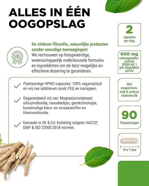 Ashwagandha KSM-66 Complex (mit Magnesium, Zink und B6) | 180 Kapseln | Vit4ever
