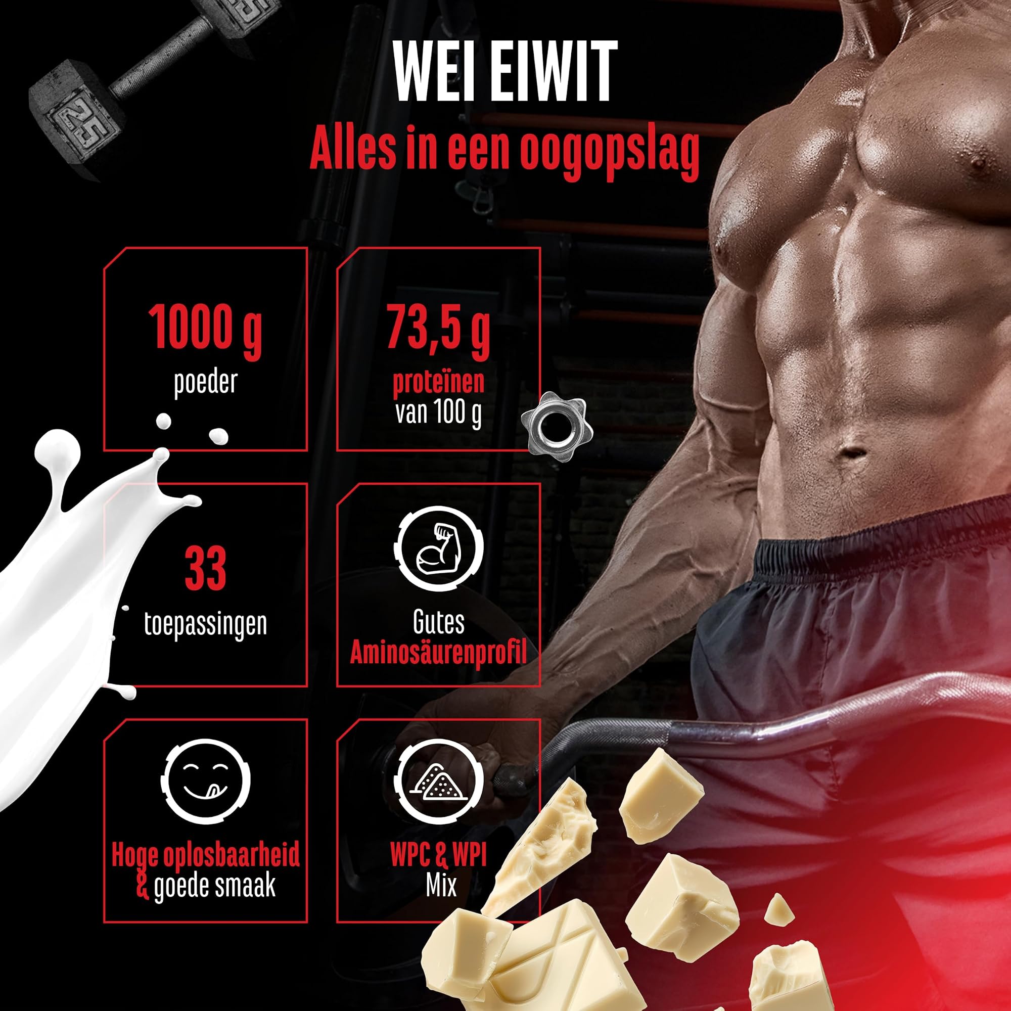 GEN Whey Protein Complex Witte chocolade 1 kg - alles in een oogopslag: 1000 g, 73,5 g eiwit per 100 g, 33 porties
