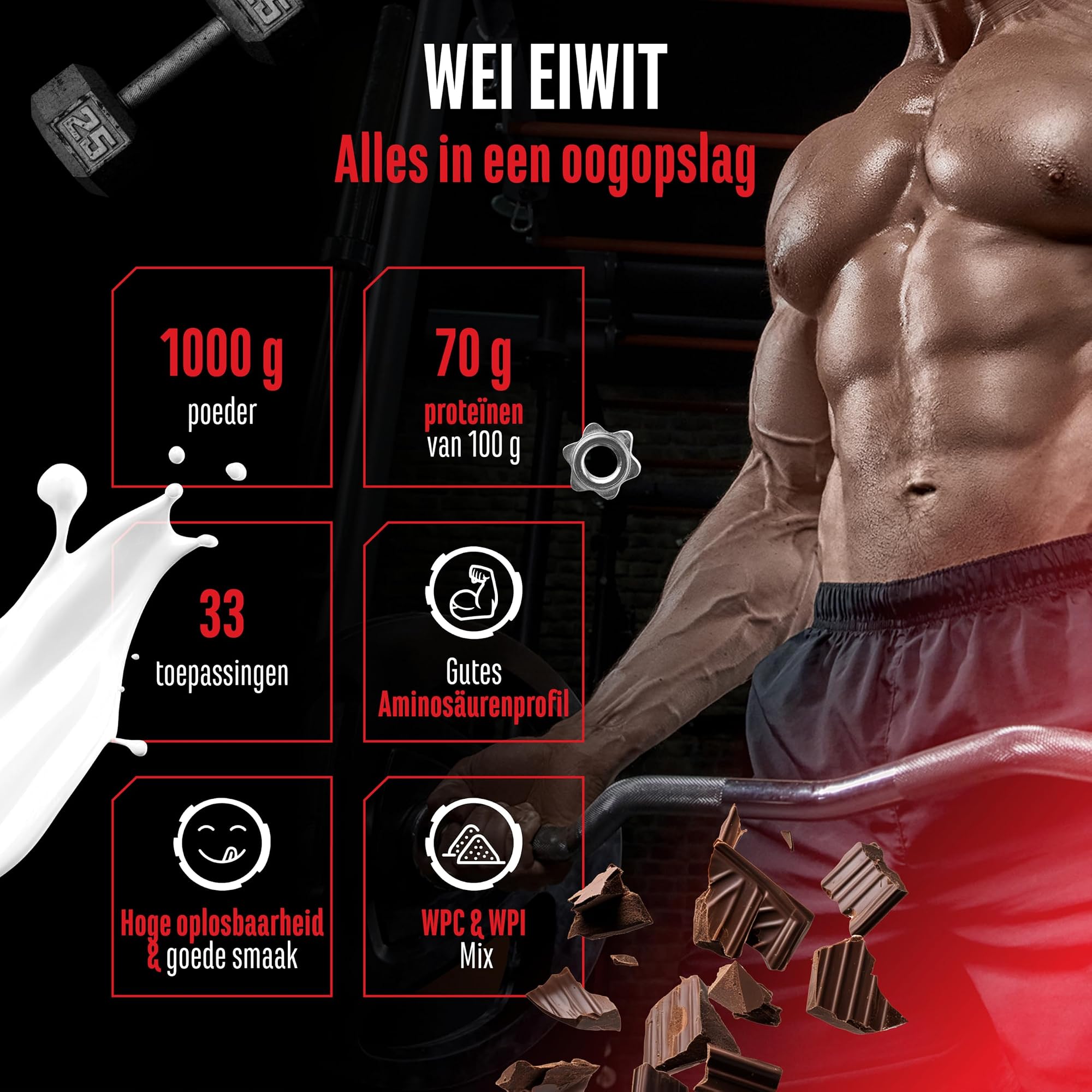GEN Whey Protein Complex Chocolade 1 kg - alles in een oogopslag: 1000 g, 73,5 g eiwit per 100 g, 33 porties