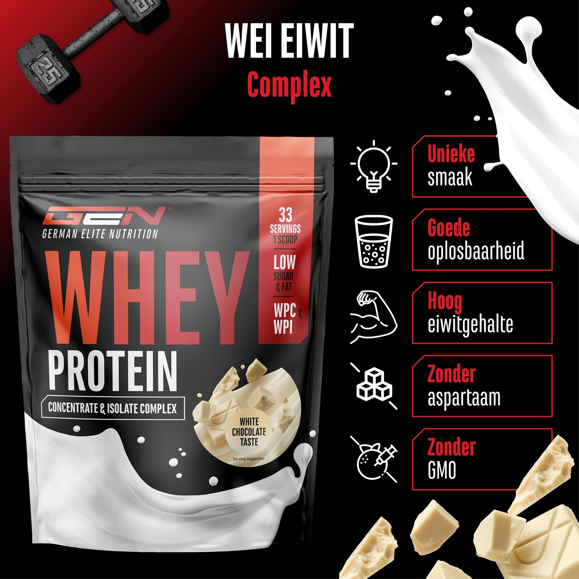 GEN Whey Protein Complex Witte chocolade 1 kg - WPC en WPI mix, hoge oplosbaarheid, zonder aspartaam