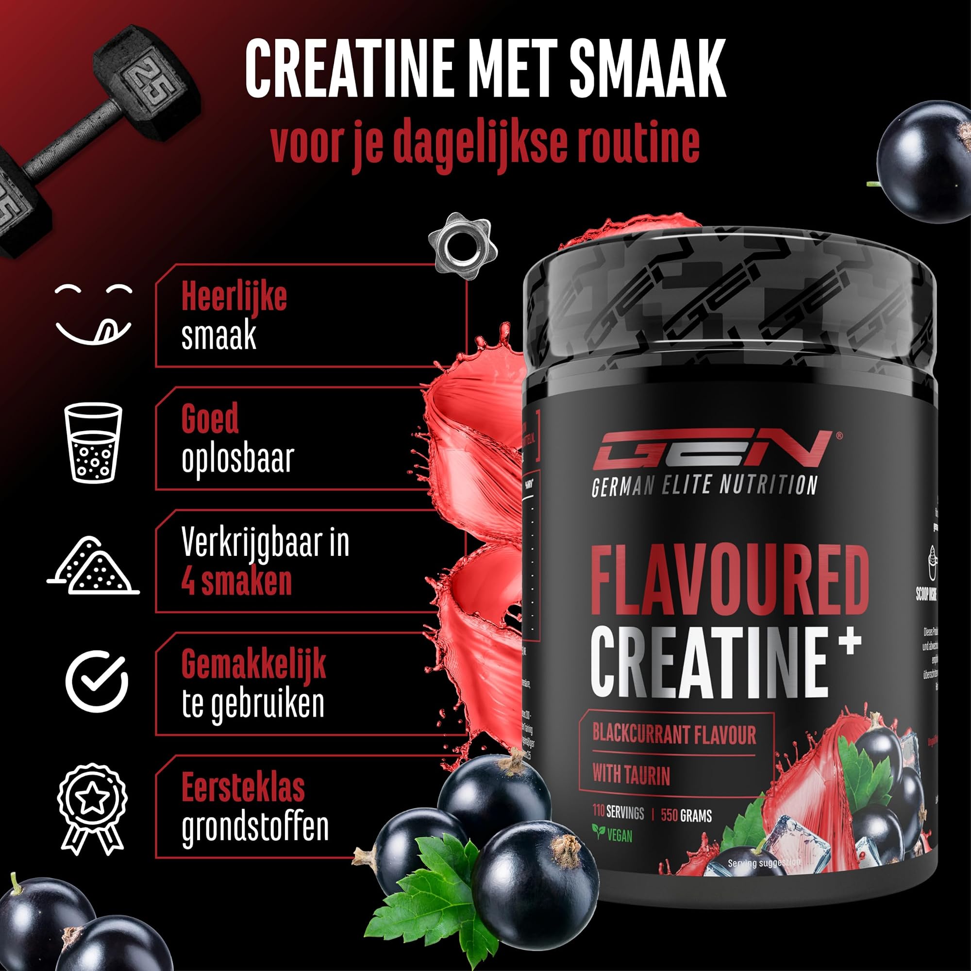 German Elite Nutrition Flavoured Creatine+ Zwarte bes 550 g - productverpakking van sportsupplement