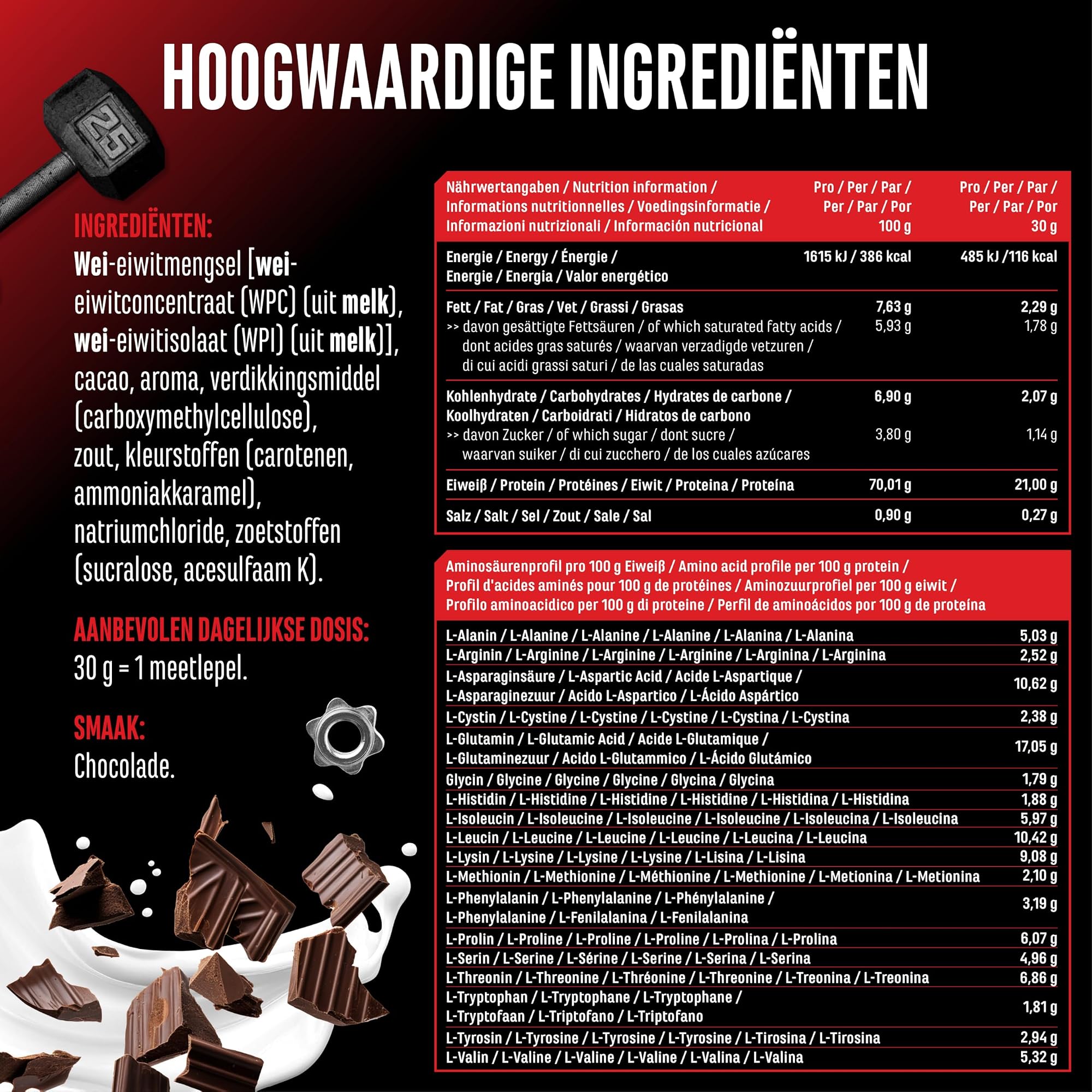 GEN Whey Protein Complex Chocolade 1 kg - ingredienten, voedingswaarden en aminozuurprofiel per portie