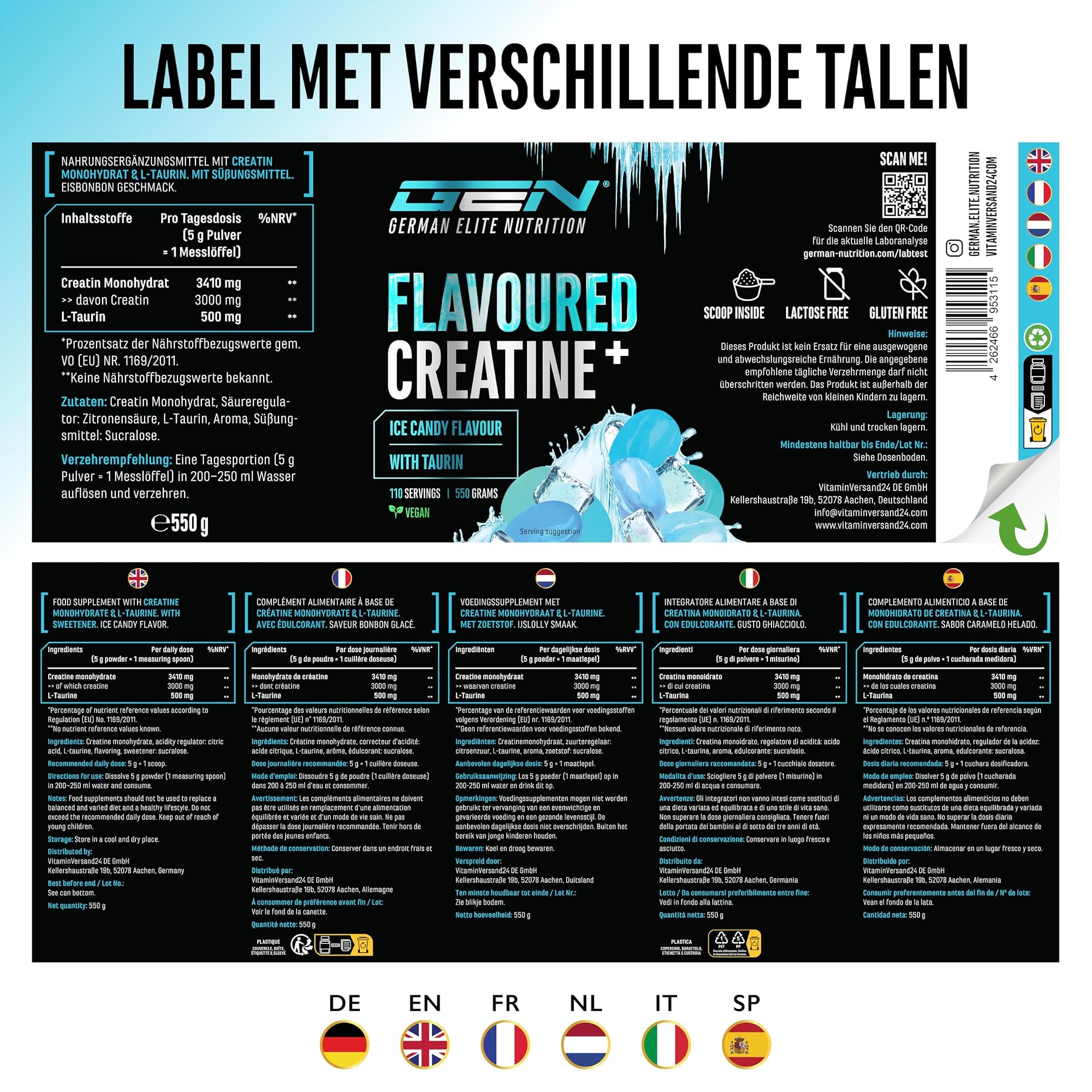 German Elite Nutrition Flavoured Creatine+ Ice Candy 550 g - voedingswaarden en ingrediënten