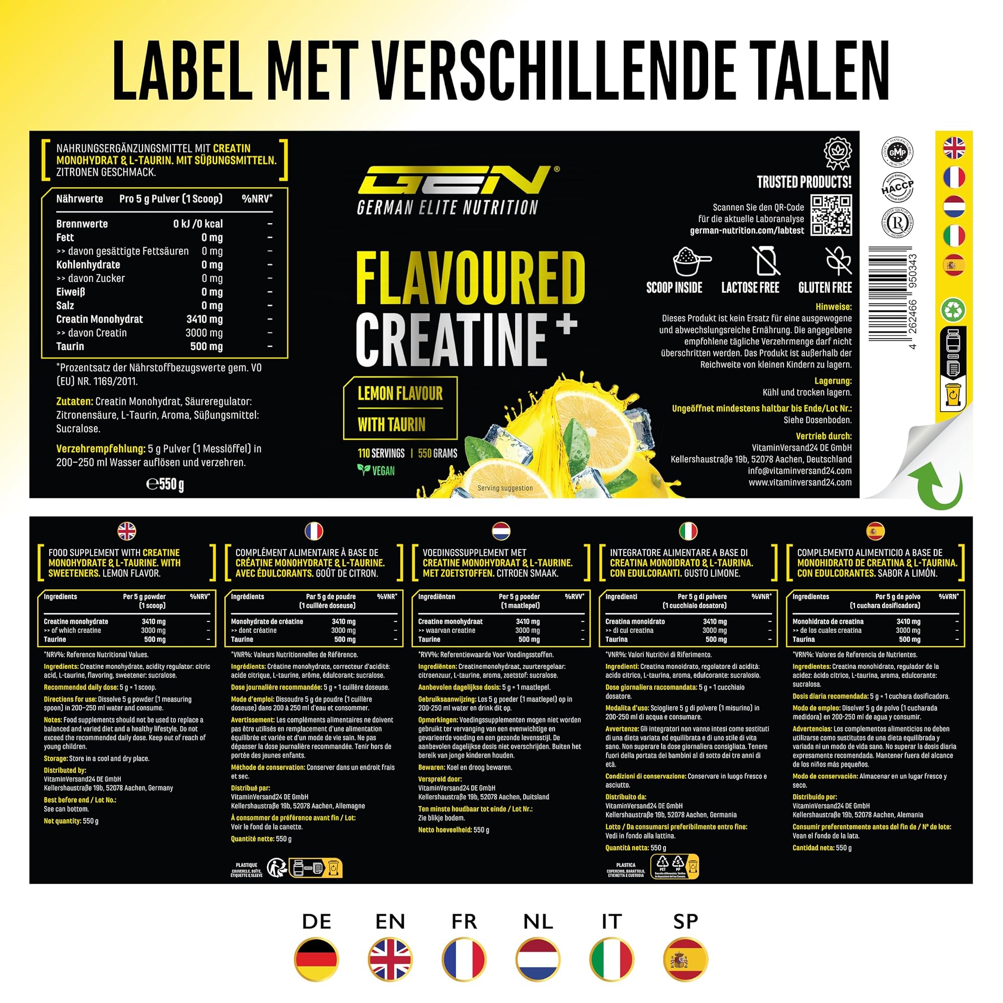 German Elite Nutrition Flavoured Creatine+ Citroen 550 g - voedingswaarden en ingrediënten