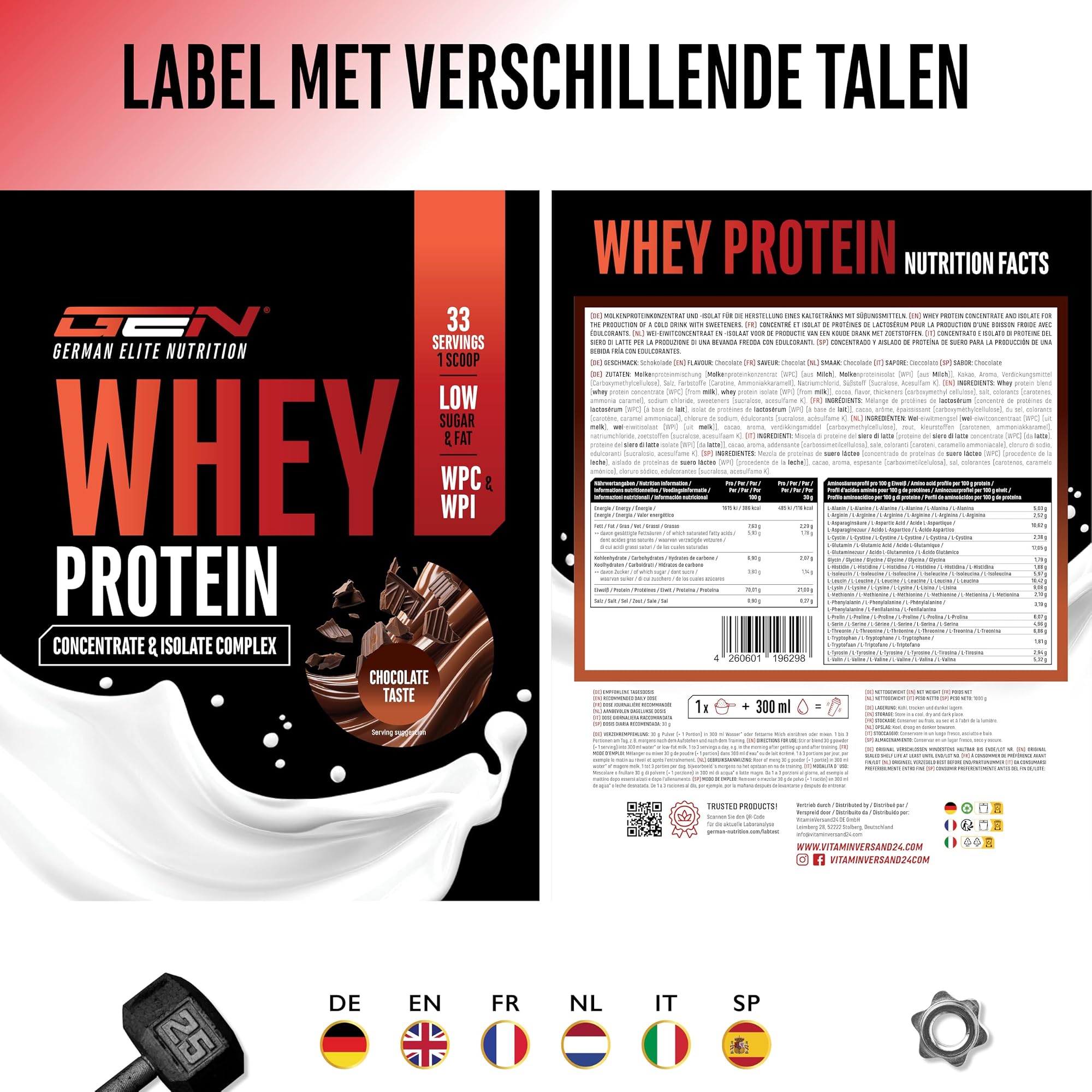 GEN Whey Protein Complex Chocolade 1 kg - etiket met voedingswaarden in verschillende talen