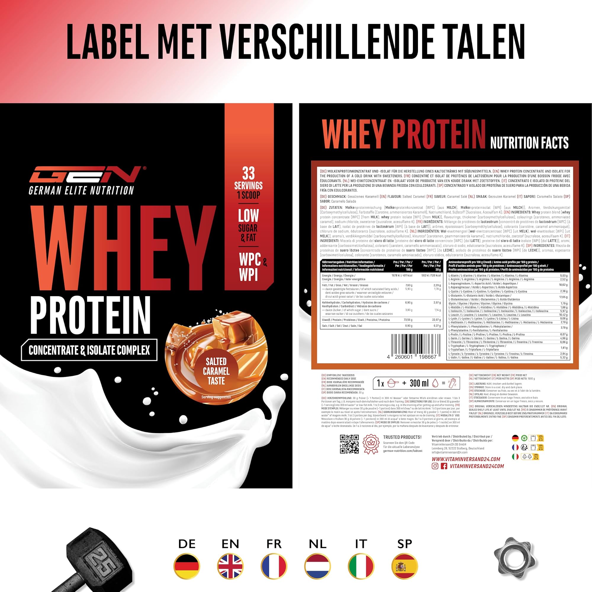 GEN Whey Protein Complex Gezouten karamel 1 kg - etiket met voedingswaarden in verschillende talen