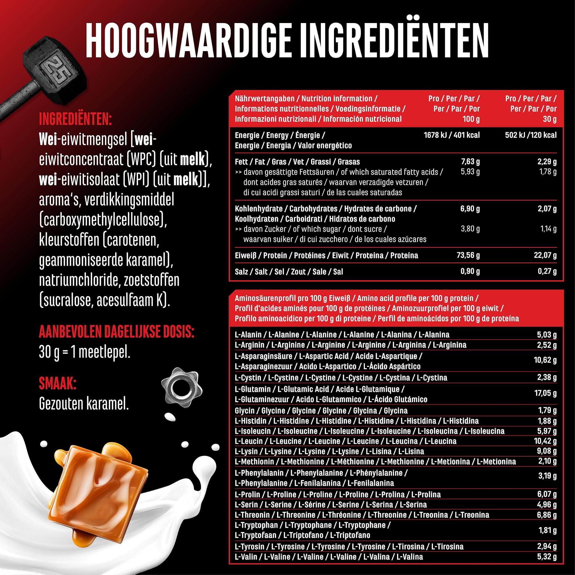 GEN Whey Protein Complex Gezouten karamel 1 kg - ingredienten, voedingswaarden en aminozuurprofiel per portie
