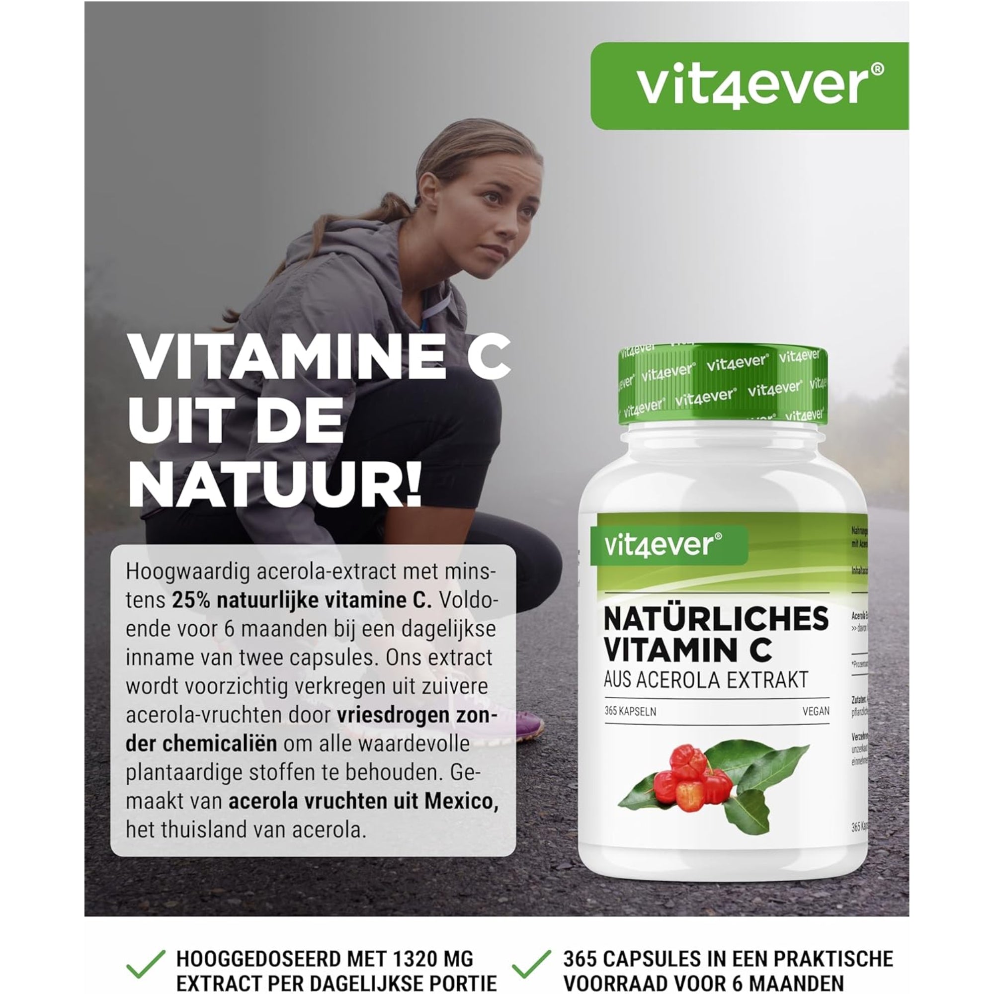 Natuurlijk Vitamine C uit Acerola (Acerola Extract) 330mg | 180 capsules | Vit4ever