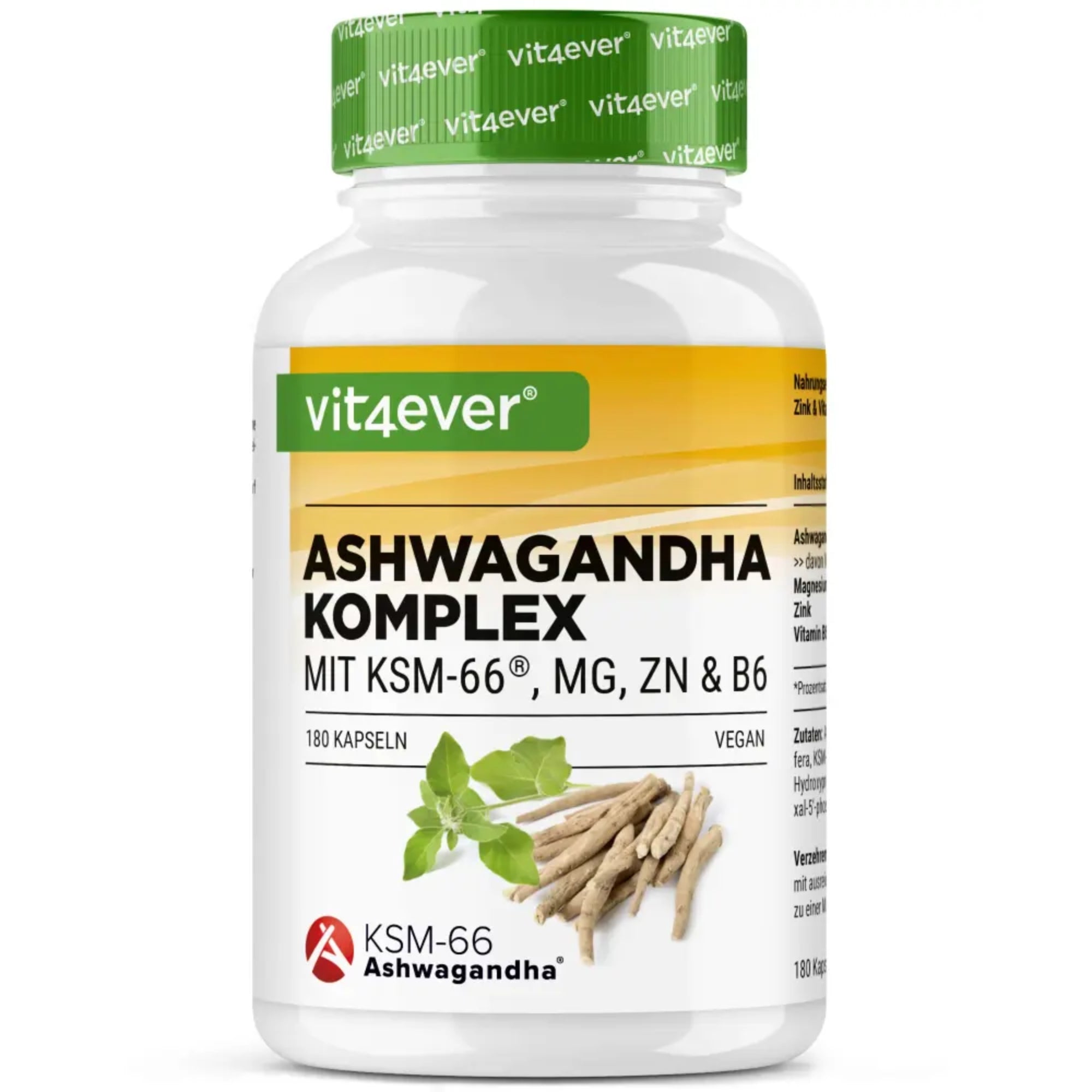 Ashwagandha KSM-66 Complex (mit Magnesium, Zink und B6) | 180 Kapseln | Vit4ever