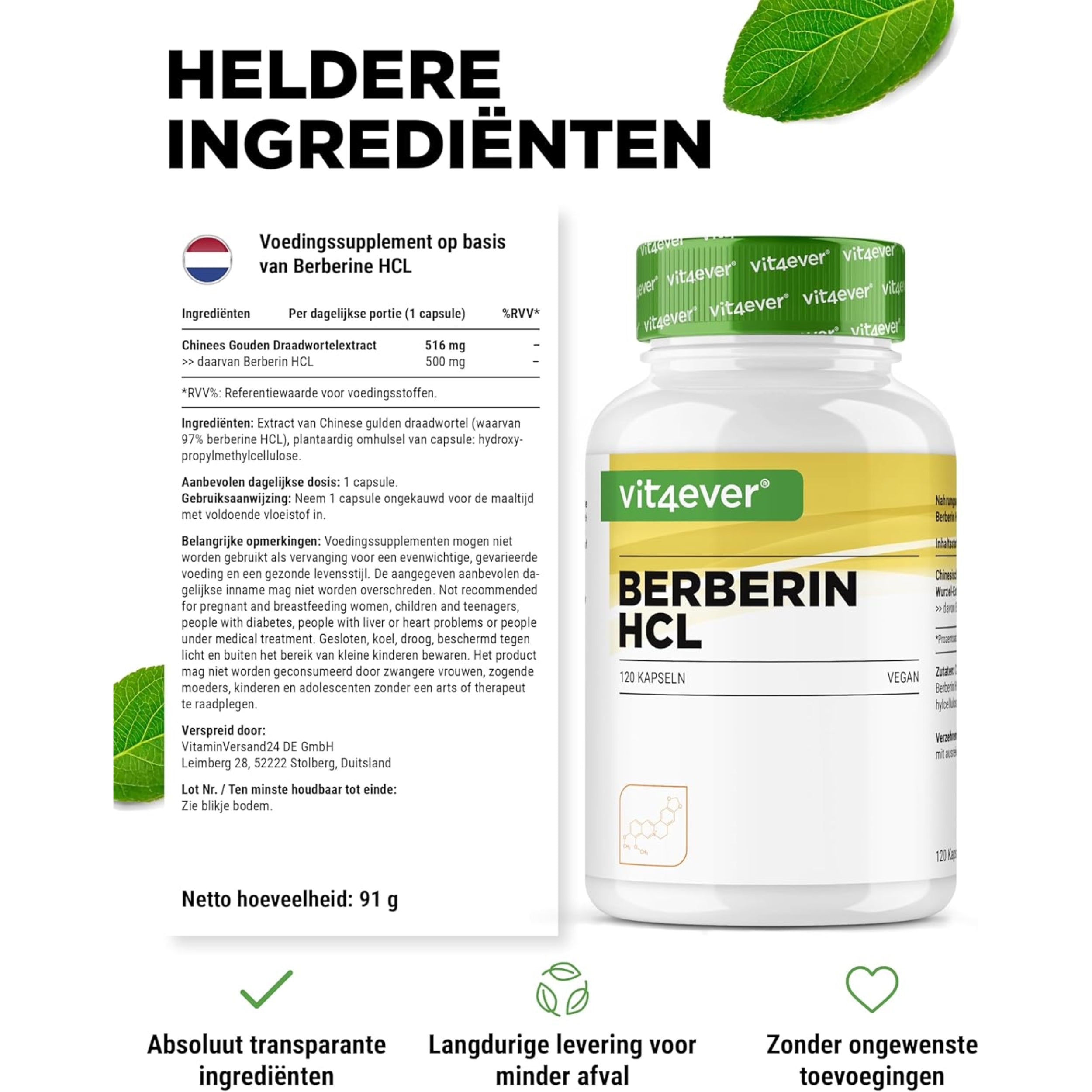 Berberine HCL 97% Intenso 500 mg | 120 capsules | Vit4ever