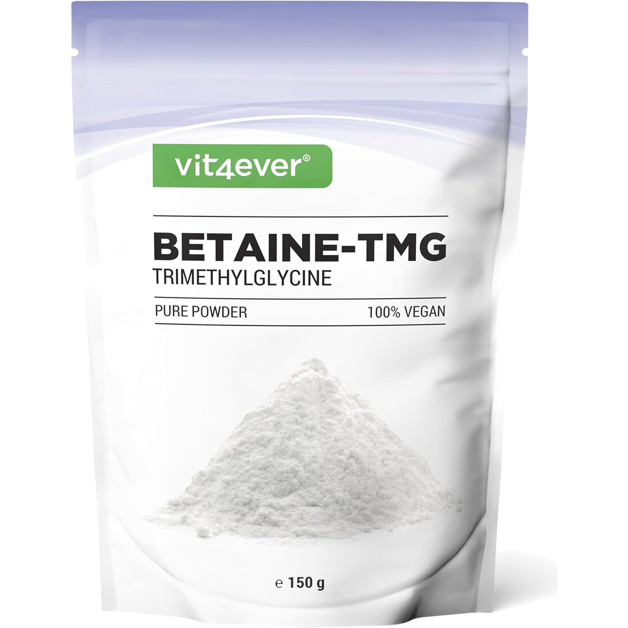 Verpakking van Vit4ever Betaïne-TMG (Trimethylglycine) Poeder, 150 g.