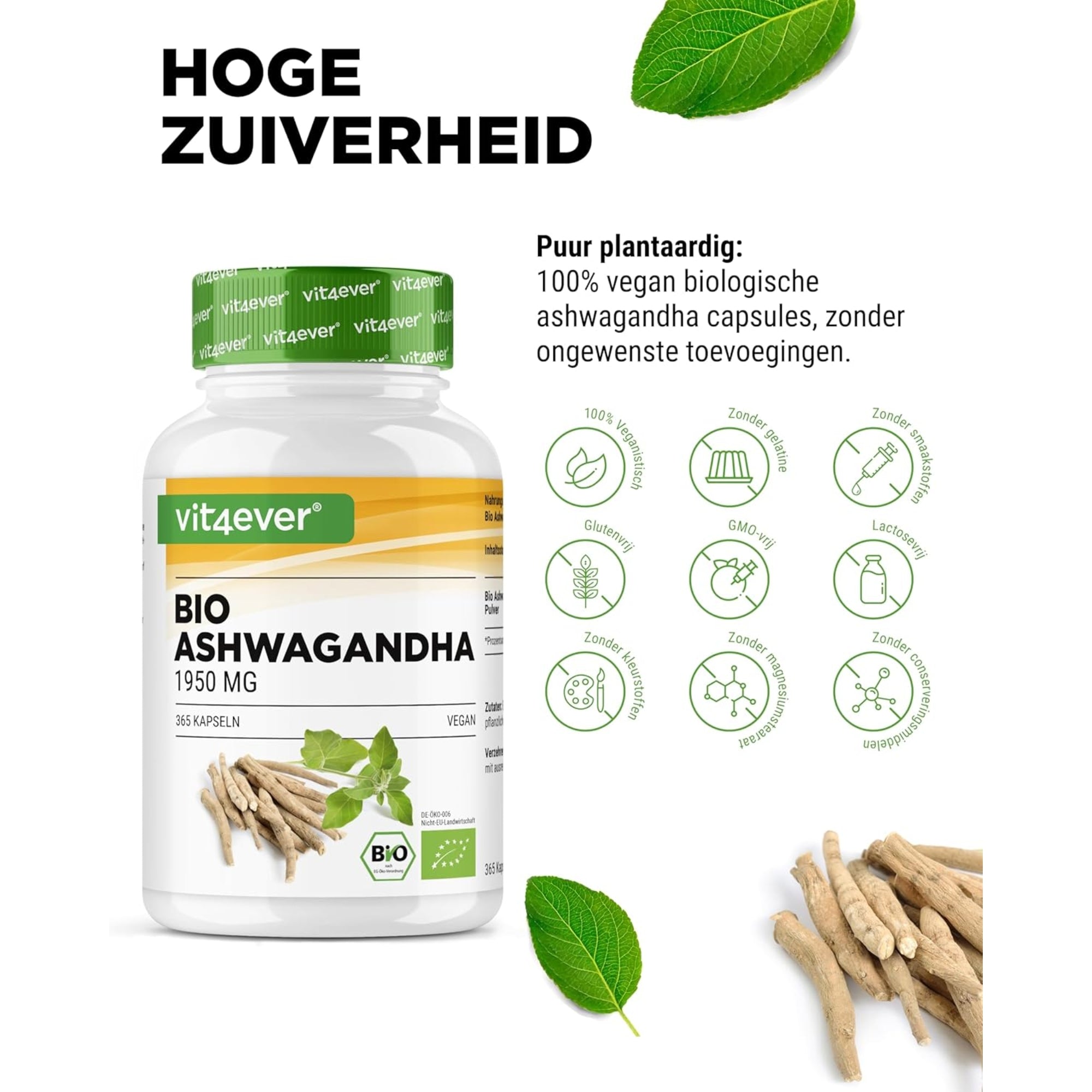 Vit4ever Bio Ashwagandha Wortelpoeder 1950mg - productverpakking van hoge kwaliteit