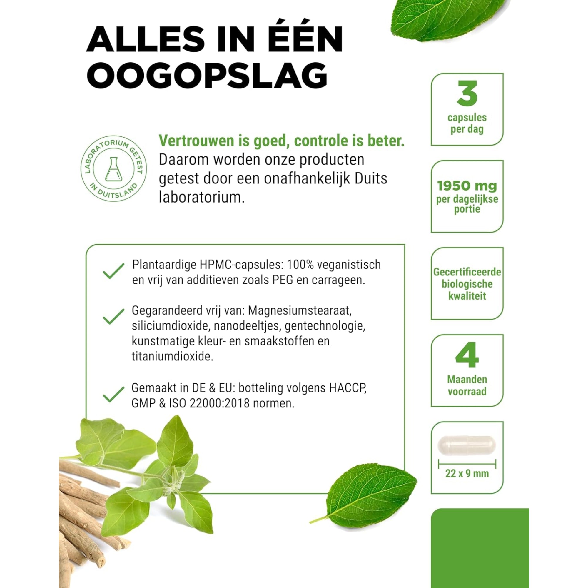 Vit4ever Bio Ashwagandha Wortelpoeder 1950mg - hooggedoseerd en 100% vegan kruidensupplement