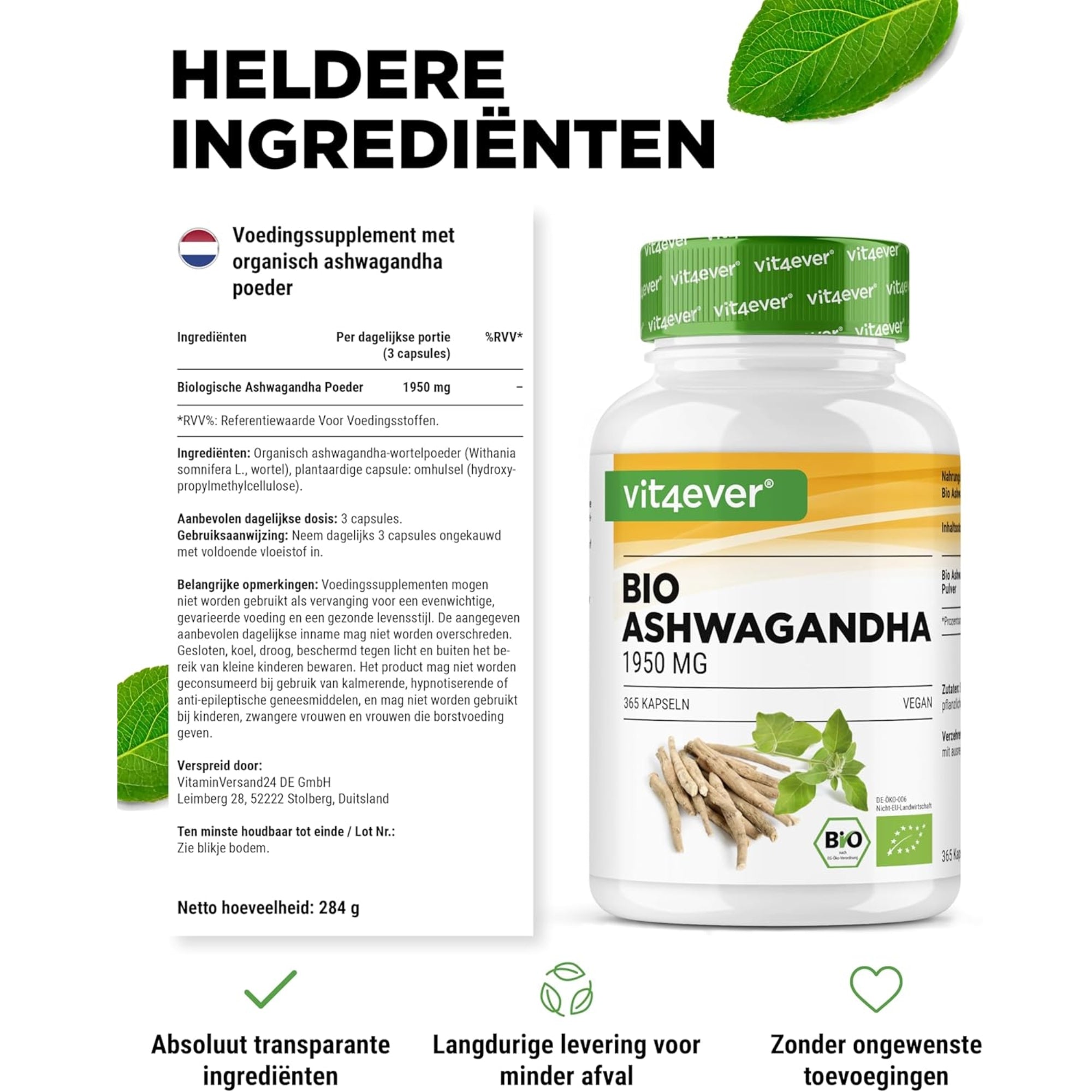Vit4ever Bio Ashwagandha Wortelpoeder 1950mg van hoge zuiverheid - kruidensupplement