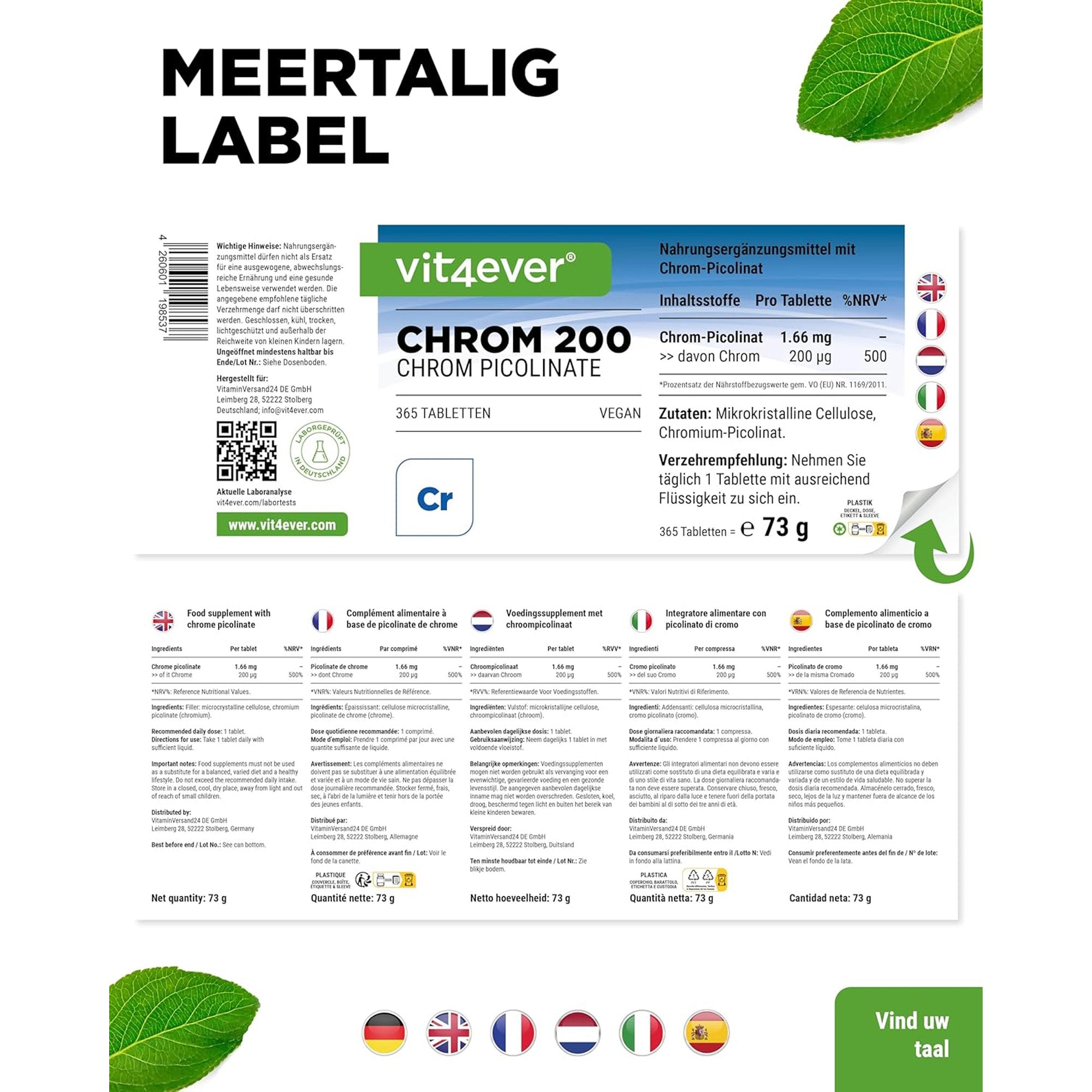 Chroom Picolinaat | 200µg of 500µg | 365 tabletten | Vit4ever