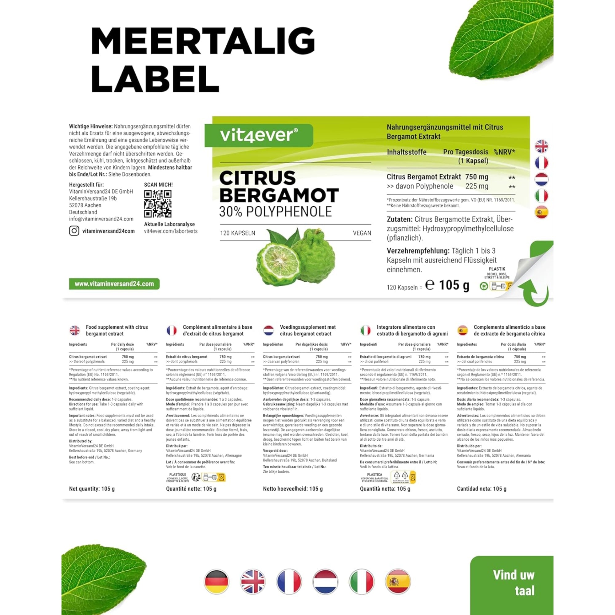 Citrus Bergamot 750mg | 120 capsules | Vit4ever