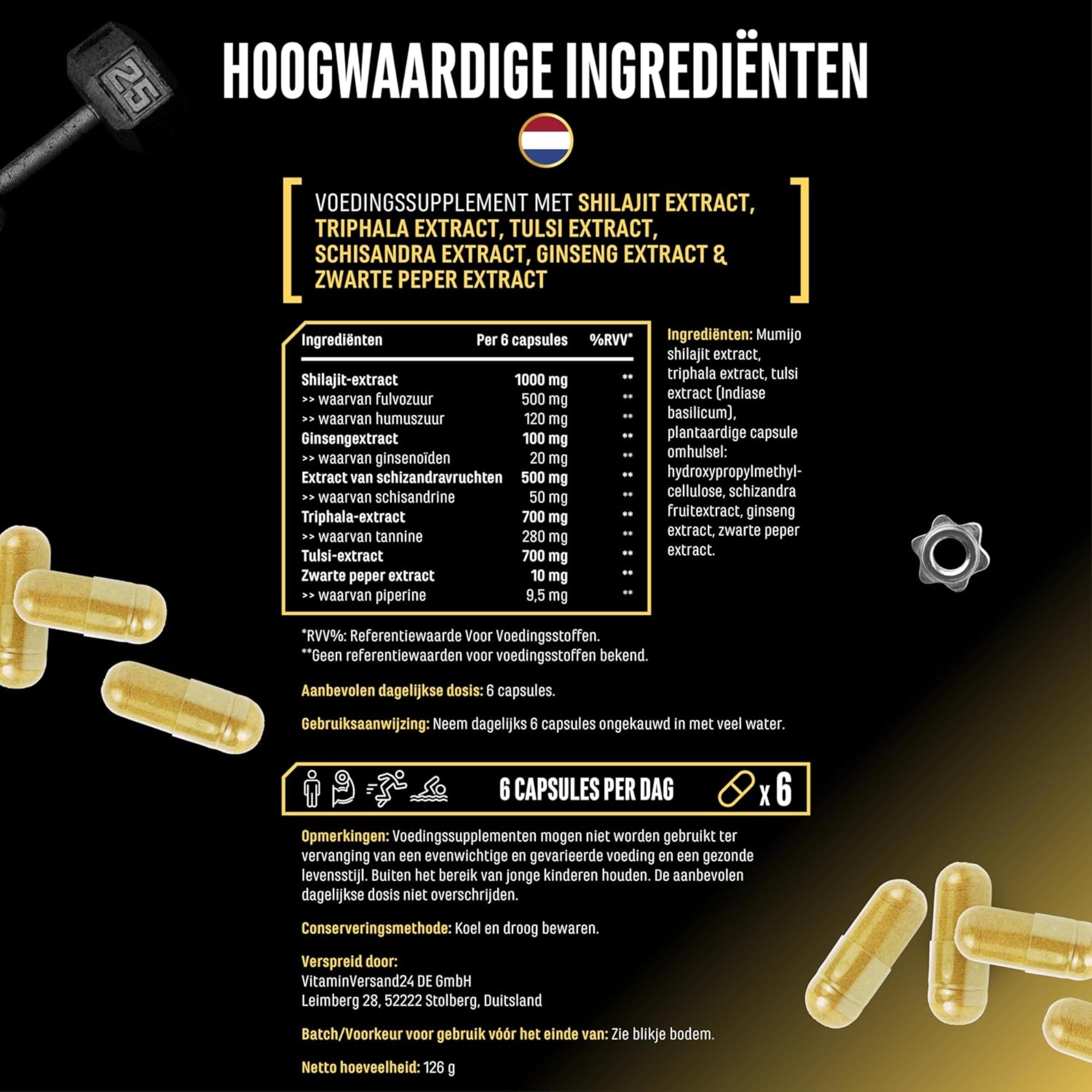 Shilajit-Komplex (Shilajit, Triphala, Tulsi, Ginseng, Schisandra und Piperin) | 180 Kapseln | Deutsche Elite-Ernährung