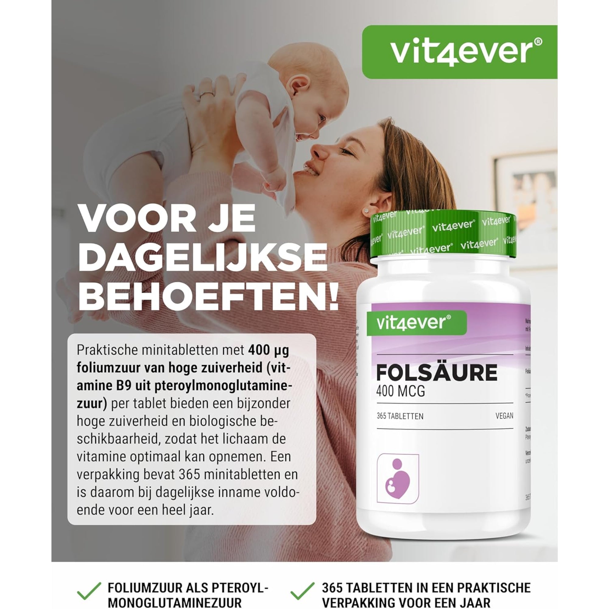Foliumzuur 400 mcg | 365 Tabletten | Vit4ever