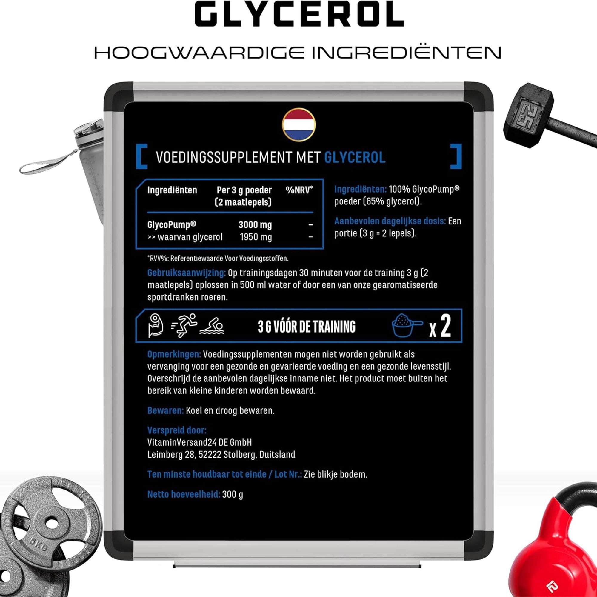 Puur en vrij van toevoegingen: "GlycoPump® glycerol poeder - puur, 100% veganistisch, glutenvrij en zonder kunstmatige kleurstoffen of toevoegingen."